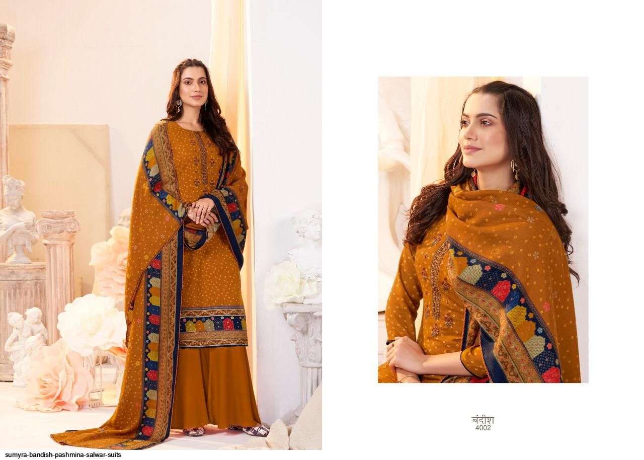BANDISH BY SUMYRA 4001 TO 4008 SERIES BEAUTIFUL SUITS STYLISH FANCY COLORFUL CASUAL WEAR & ETHNIC WEAR PURE PASHMINA PRINT WITH EMBROIDERY DRESSES AT WHOLESALE PRICE