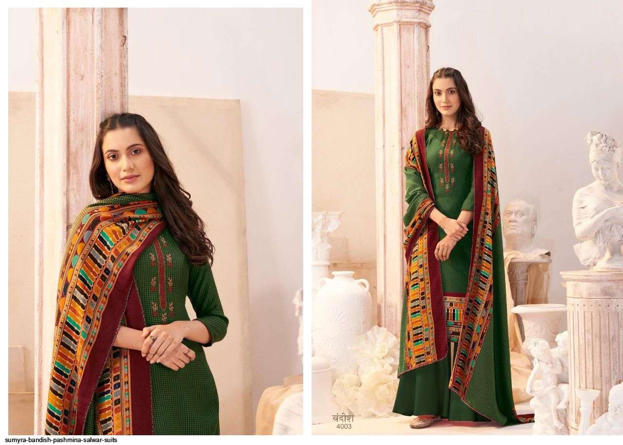 BANDISH BY SUMYRA 4001 TO 4008 SERIES BEAUTIFUL SUITS STYLISH FANCY COLORFUL CASUAL WEAR & ETHNIC WEAR PURE PASHMINA PRINT WITH EMBROIDERY DRESSES AT WHOLESALE PRICE