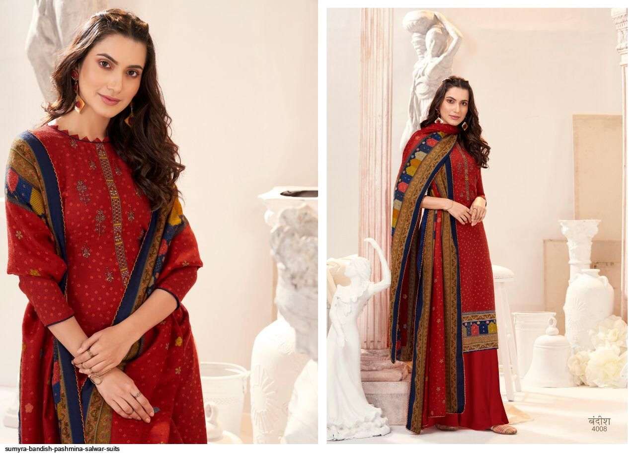 BANDISH BY SUMYRA 4001 TO 4008 SERIES BEAUTIFUL SUITS STYLISH FANCY COLORFUL CASUAL WEAR & ETHNIC WEAR PURE PASHMINA PRINT WITH EMBROIDERY DRESSES AT WHOLESALE PRICE