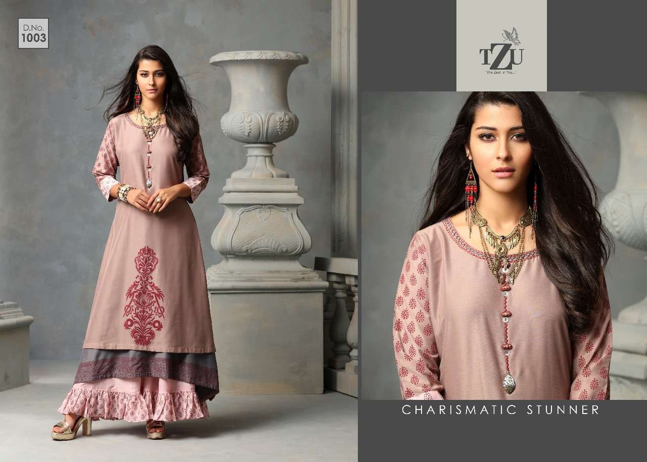 CHARMING BY TZU 1001 TO 1005 SERIES BEAUTIFUL STYLISH FANCY COLORFUL CASUAL WEAR & ETHNIC WEAR & READY TO WEAR USSAR SILK AND MUSLIN GOWNS AT WHOLESALE PRICE