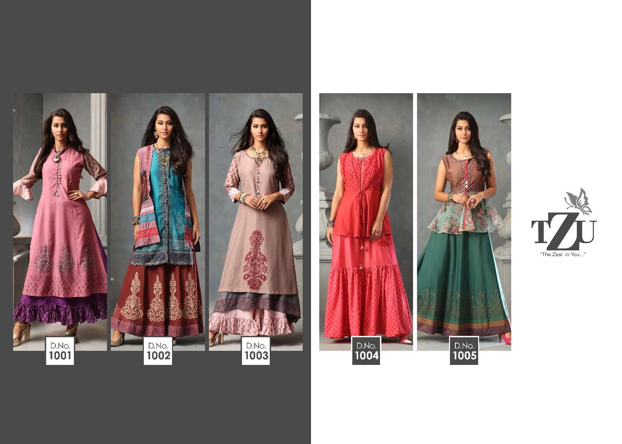 CHARMING BY TZU 1001 TO 1005 SERIES BEAUTIFUL STYLISH FANCY COLORFUL CASUAL WEAR & ETHNIC WEAR & READY TO WEAR USSAR SILK AND MUSLIN GOWNS AT WHOLESALE PRICE
