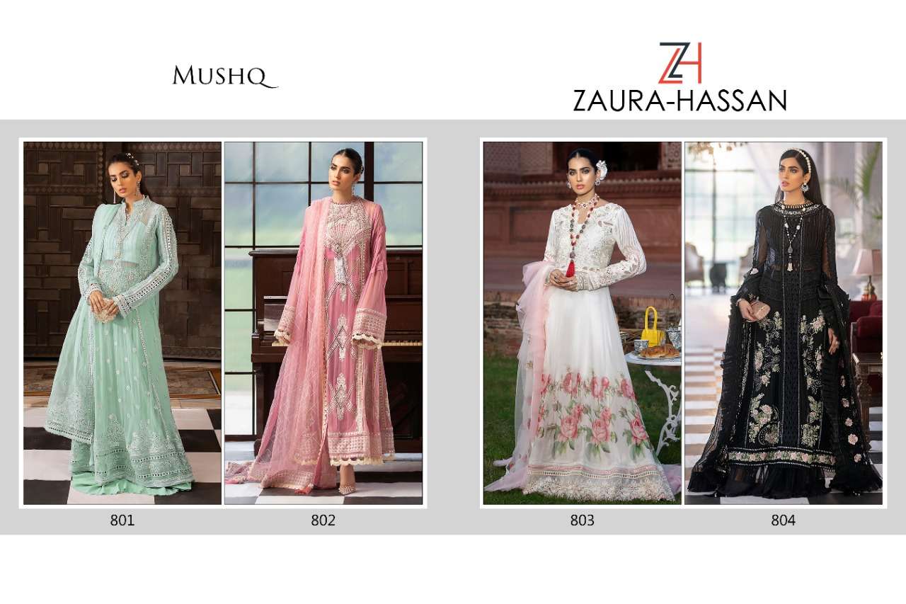 MUSHQ 801 SERIES BY ZAURA HASSAN 801 TO 804 SERIES BEAUTIFUL PAKISTANI SUITS COLORFUL STYLISH FANCY CASUAL WEAR & ETHNIC WEAR FAUX GEORGETTE WITH EMBROIDERED DRESSES AT WHOLESALE PRICE