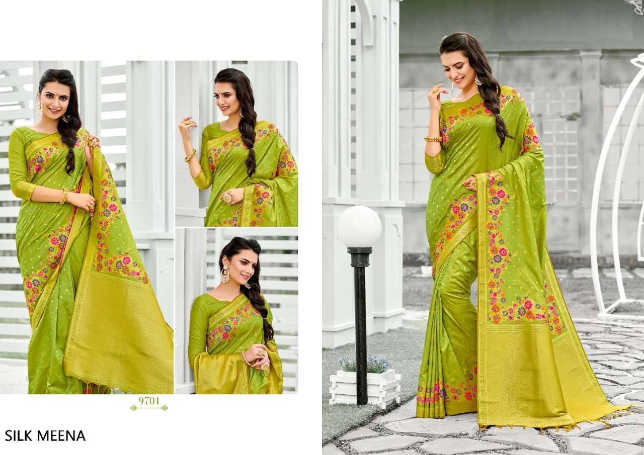 SILK MEENA BY SHREE MATARAM 9701 TO 9712 SERIES INDIAN TRADITIONAL WEAR COLLECTION BEAUTIFUL STYLISH FANCY COLORFUL PARTY WEAR & OCCASIONAL WEAR WEAVING ART SILK SAREES AT WHOLESALE PRICE