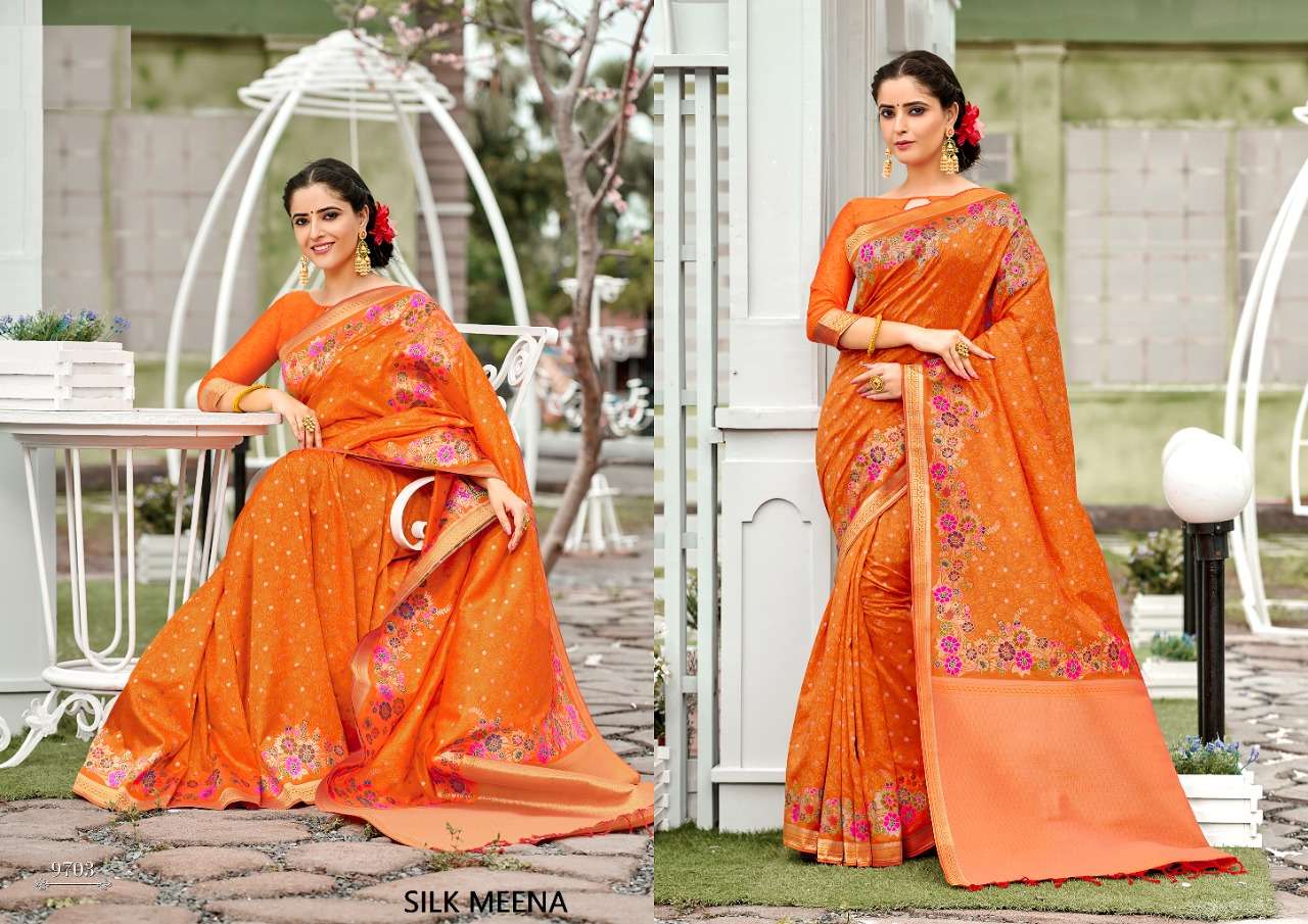 SILK MEENA BY SHREE MATARAM 9701 TO 9712 SERIES INDIAN TRADITIONAL WEAR COLLECTION BEAUTIFUL STYLISH FANCY COLORFUL PARTY WEAR & OCCASIONAL WEAR WEAVING ART SILK SAREES AT WHOLESALE PRICE