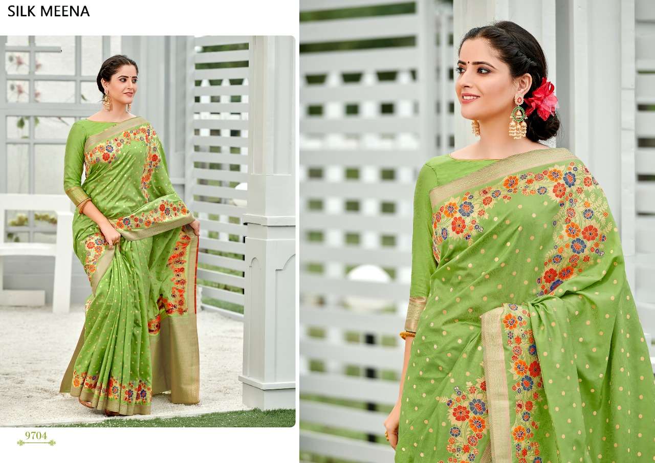 SILK MEENA BY SHREE MATARAM 9701 TO 9712 SERIES INDIAN TRADITIONAL WEAR COLLECTION BEAUTIFUL STYLISH FANCY COLORFUL PARTY WEAR & OCCASIONAL WEAR WEAVING ART SILK SAREES AT WHOLESALE PRICE
