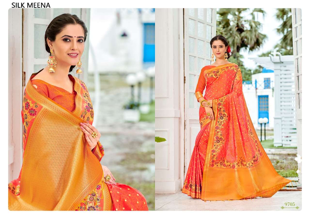 SILK MEENA BY SHREE MATARAM 9701 TO 9712 SERIES INDIAN TRADITIONAL WEAR COLLECTION BEAUTIFUL STYLISH FANCY COLORFUL PARTY WEAR & OCCASIONAL WEAR WEAVING ART SILK SAREES AT WHOLESALE PRICE