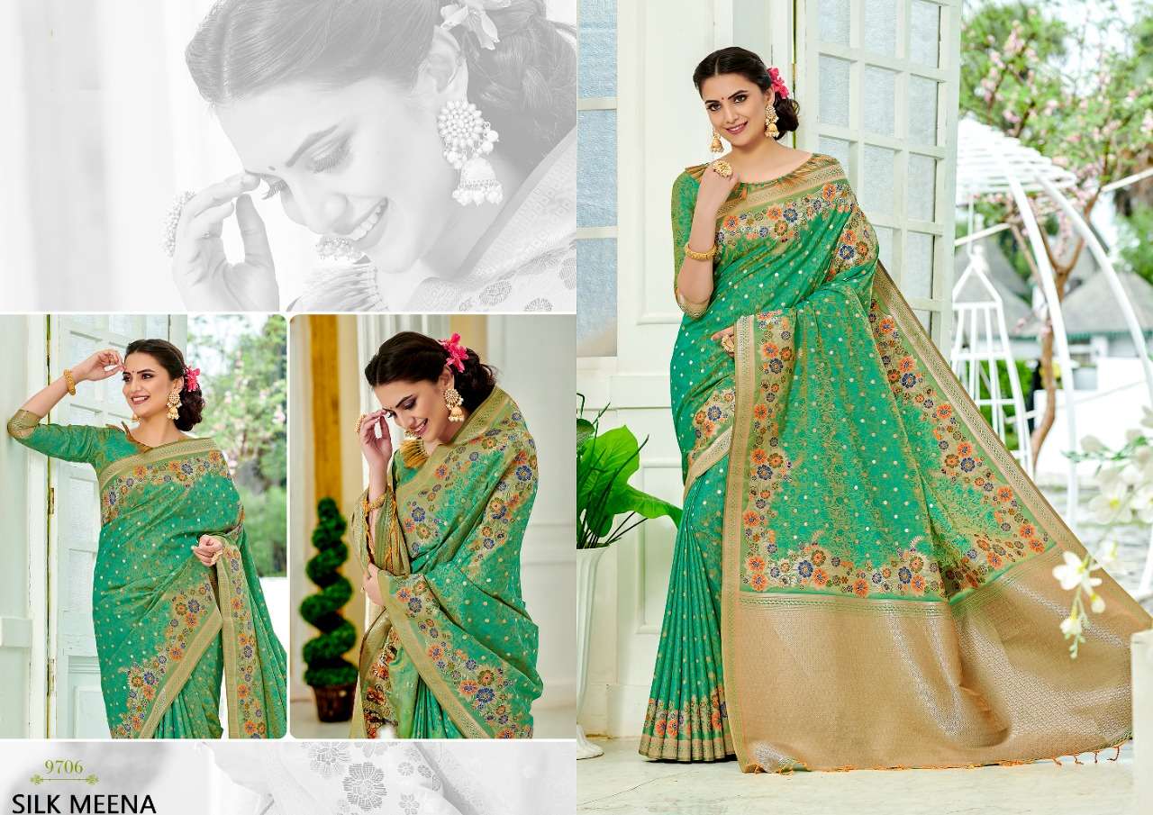 SILK MEENA BY SHREE MATARAM 9701 TO 9712 SERIES INDIAN TRADITIONAL WEAR COLLECTION BEAUTIFUL STYLISH FANCY COLORFUL PARTY WEAR & OCCASIONAL WEAR WEAVING ART SILK SAREES AT WHOLESALE PRICE