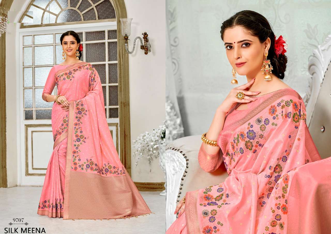 SILK MEENA BY SHREE MATARAM 9701 TO 9712 SERIES INDIAN TRADITIONAL WEAR COLLECTION BEAUTIFUL STYLISH FANCY COLORFUL PARTY WEAR & OCCASIONAL WEAR WEAVING ART SILK SAREES AT WHOLESALE PRICE