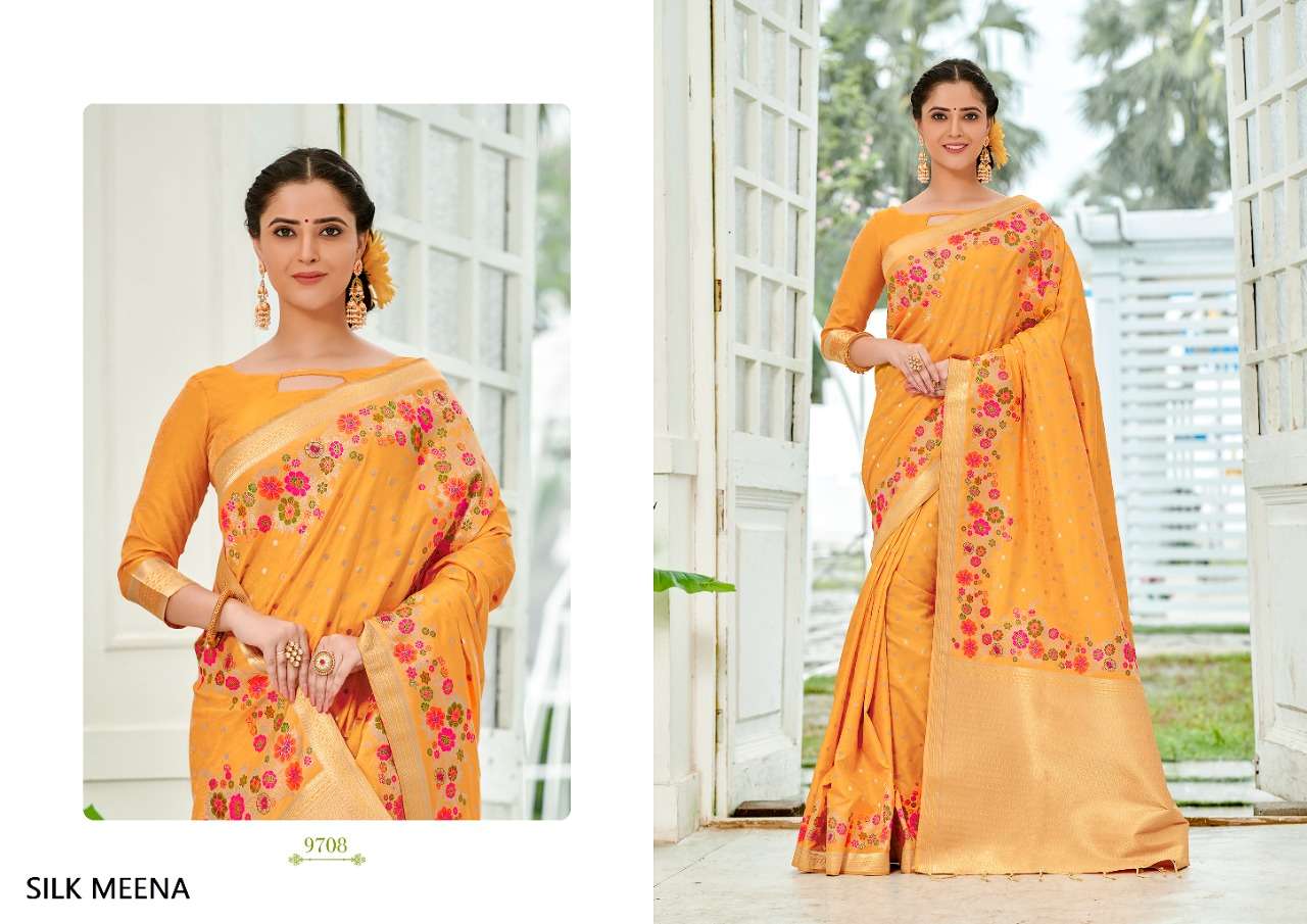 SILK MEENA BY SHREE MATARAM 9701 TO 9712 SERIES INDIAN TRADITIONAL WEAR COLLECTION BEAUTIFUL STYLISH FANCY COLORFUL PARTY WEAR & OCCASIONAL WEAR WEAVING ART SILK SAREES AT WHOLESALE PRICE