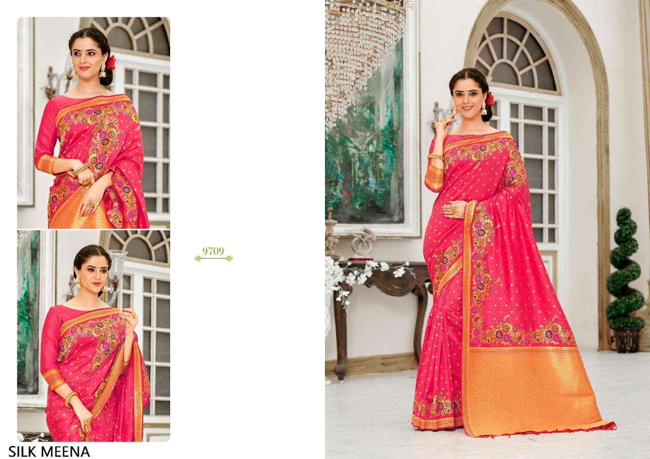 SILK MEENA BY SHREE MATARAM 9701 TO 9712 SERIES INDIAN TRADITIONAL WEAR COLLECTION BEAUTIFUL STYLISH FANCY COLORFUL PARTY WEAR & OCCASIONAL WEAR WEAVING ART SILK SAREES AT WHOLESALE PRICE