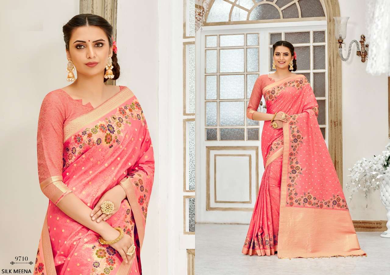 SILK MEENA BY SHREE MATARAM 9701 TO 9712 SERIES INDIAN TRADITIONAL WEAR COLLECTION BEAUTIFUL STYLISH FANCY COLORFUL PARTY WEAR & OCCASIONAL WEAR WEAVING ART SILK SAREES AT WHOLESALE PRICE
