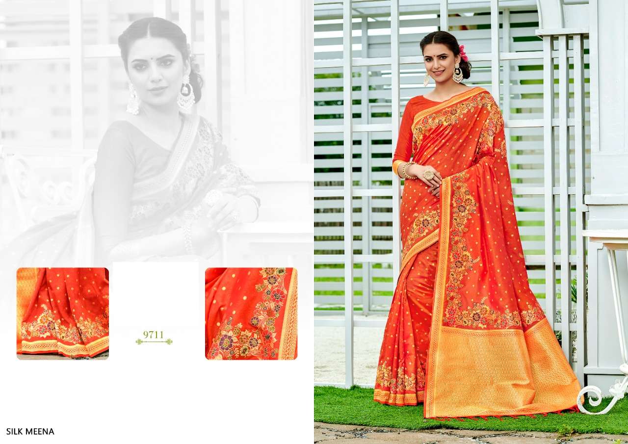 SILK MEENA BY SHREE MATARAM 9701 TO 9712 SERIES INDIAN TRADITIONAL WEAR COLLECTION BEAUTIFUL STYLISH FANCY COLORFUL PARTY WEAR & OCCASIONAL WEAR WEAVING ART SILK SAREES AT WHOLESALE PRICE