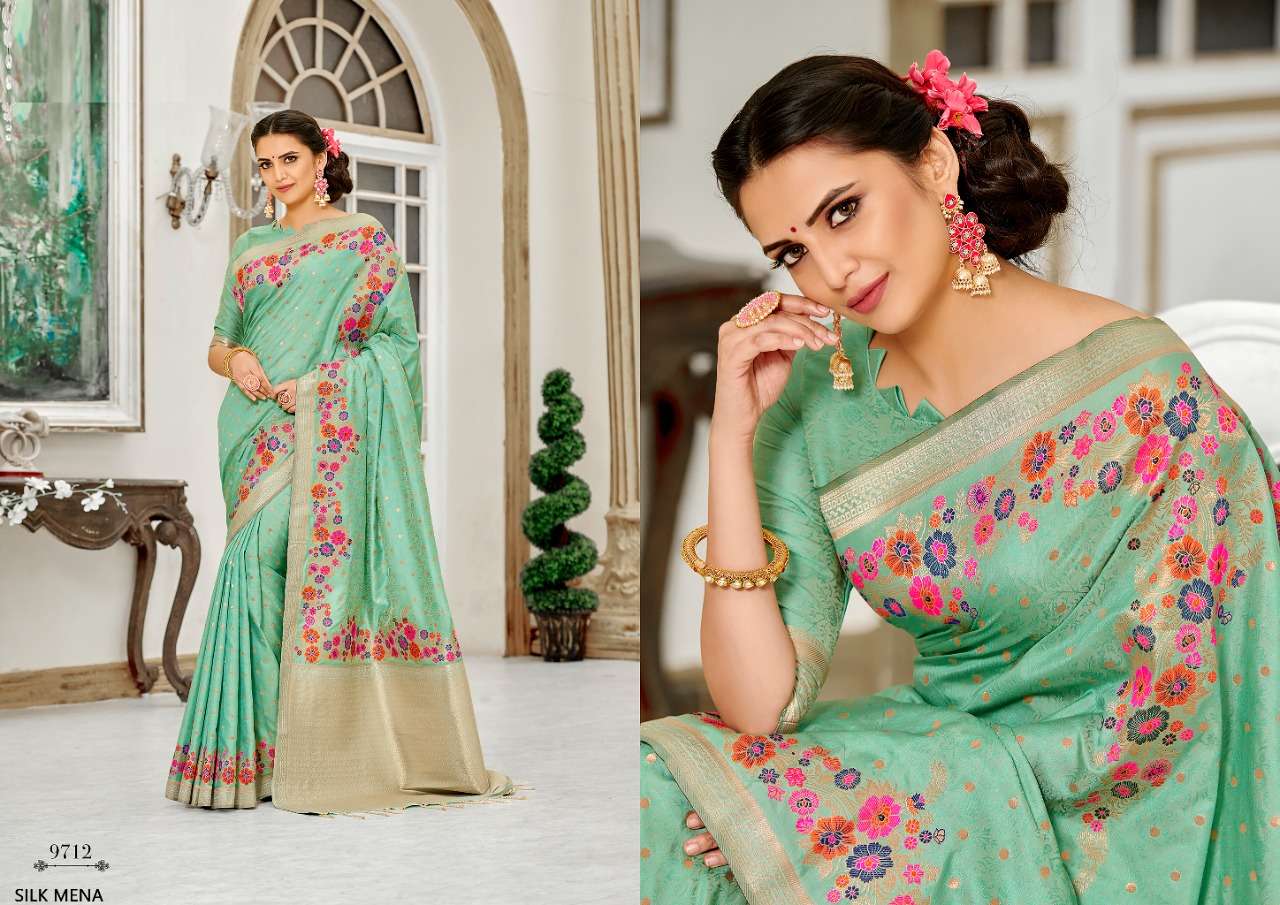 SILK MEENA BY SHREE MATARAM 9701 TO 9712 SERIES INDIAN TRADITIONAL WEAR COLLECTION BEAUTIFUL STYLISH FANCY COLORFUL PARTY WEAR & OCCASIONAL WEAR WEAVING ART SILK SAREES AT WHOLESALE PRICE