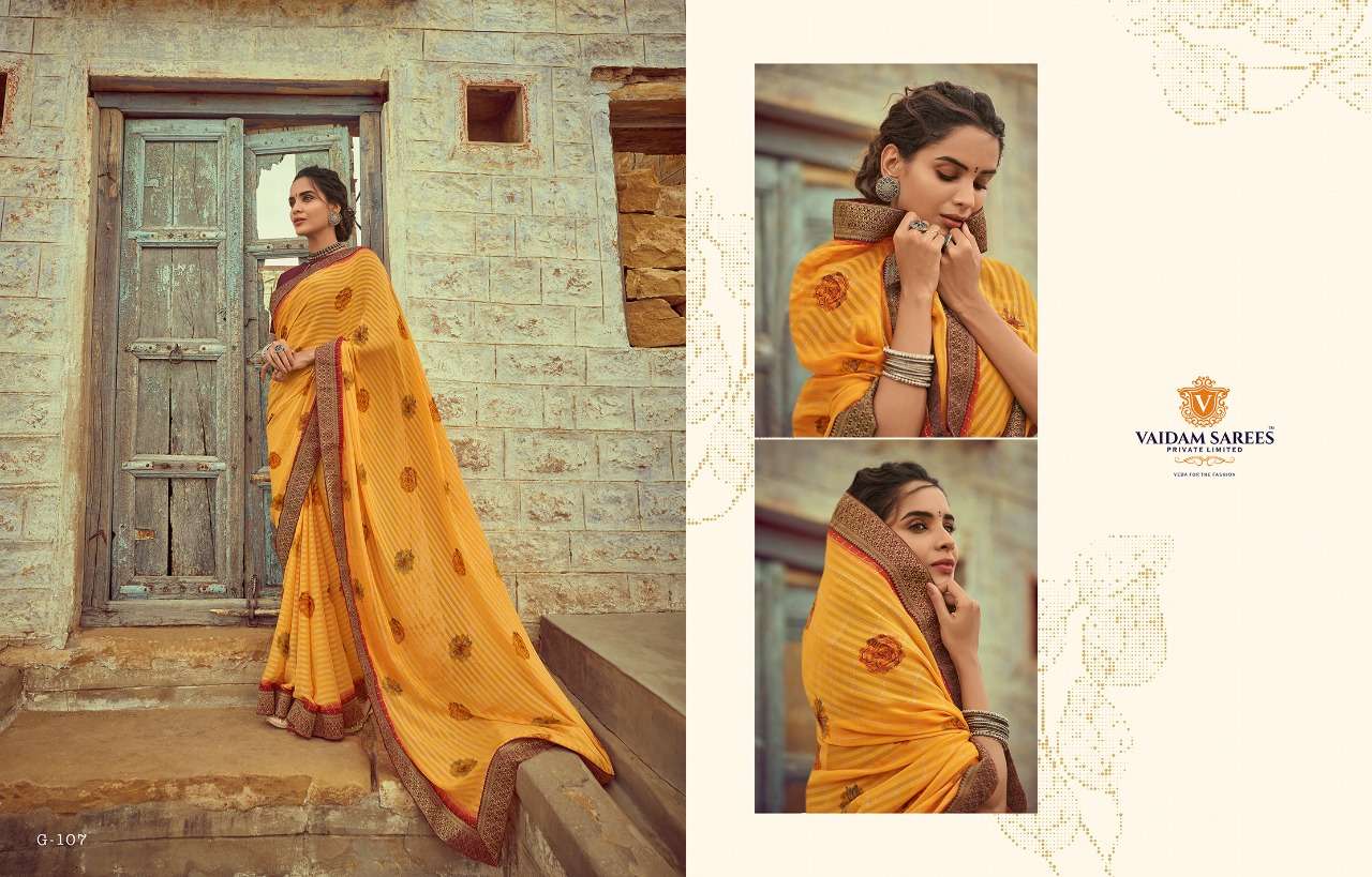 GAVRI BY VAIDAM SAREES 101 TO 110 SERIES INDIAN TRADITIONAL WEAR COLLECTION BEAUTIFUL STYLISH FANCY COLORFUL PARTY WEAR & OCCASIONAL WEAR KIVA GEORGETTE SAREES AT WHOLESALE PRICE