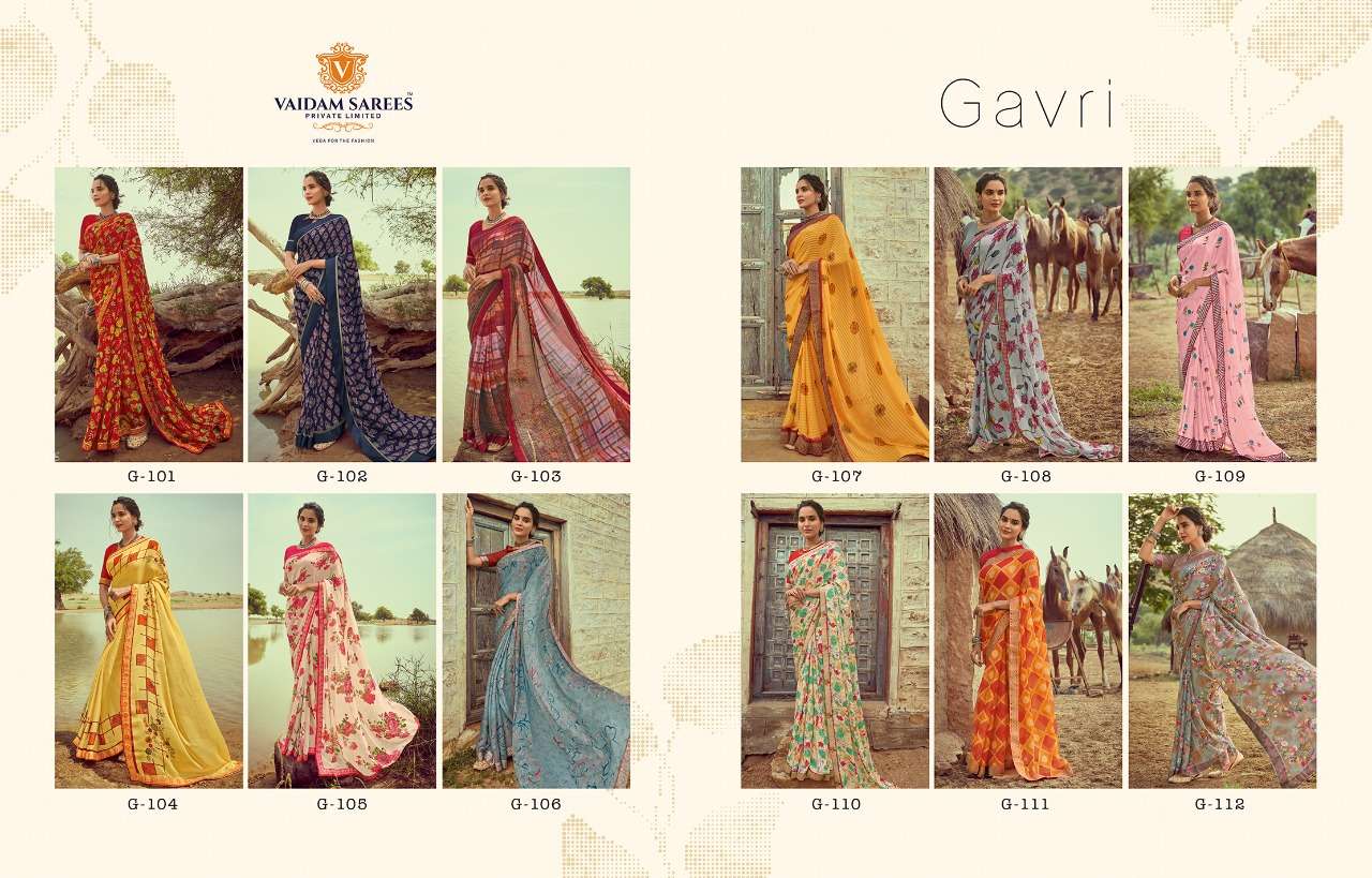 GAVRI BY VAIDAM SAREES 101 TO 110 SERIES INDIAN TRADITIONAL WEAR COLLECTION BEAUTIFUL STYLISH FANCY COLORFUL PARTY WEAR & OCCASIONAL WEAR KIVA GEORGETTE SAREES AT WHOLESALE PRICE