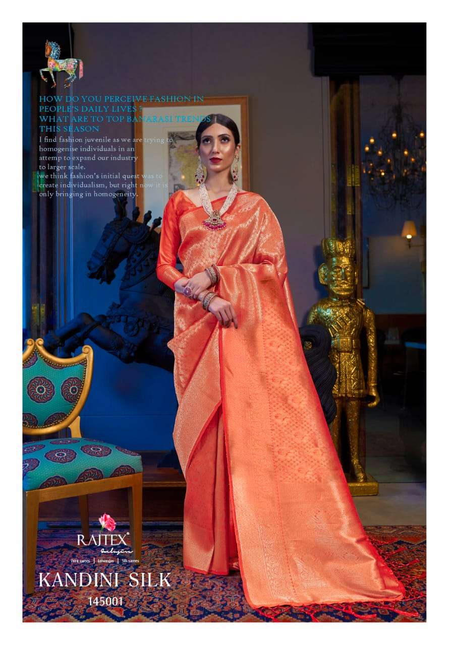 Kandini Silk By Raj Tex 145001 To 145006 Series Indian Traditional Wear Collection Beautiful Stylish Fancy Colorful Party Wear & Occasional Wear Soft Weaving Silk Sarees At Wholesale Price
