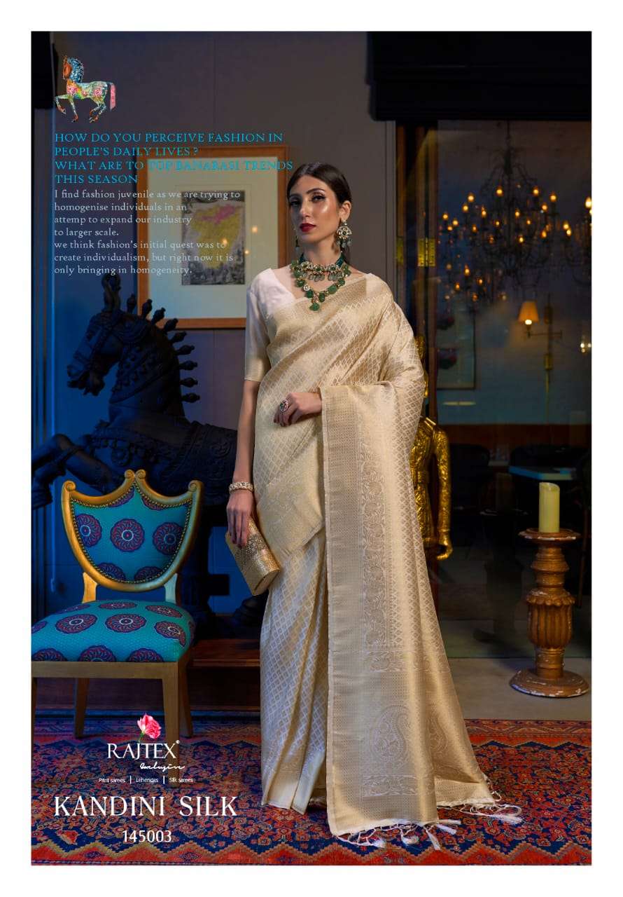 Kandini Silk By Raj Tex 145001 To 145006 Series Indian Traditional Wear Collection Beautiful Stylish Fancy Colorful Party Wear & Occasional Wear Soft Weaving Silk Sarees At Wholesale Price