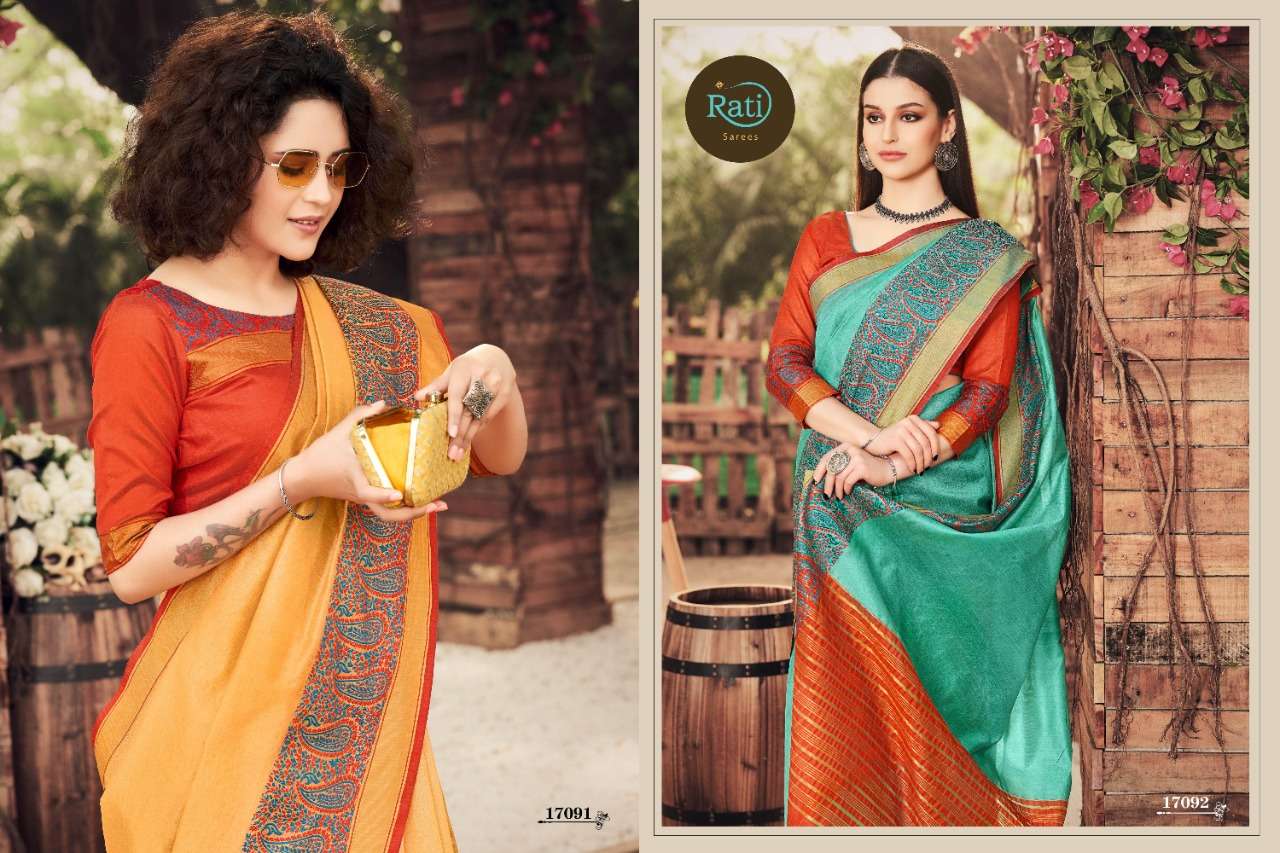 RAJ GHARANA BY RATI 17091 TO 17098 SERIES INDIAN TRADITIONAL WEAR COLLECTION BEAUTIFUL STYLISH FANCY COLORFUL PARTY WEAR & OCCASIONAL WEAR COTTON SILK SAREES AT WHOLESALE PRICE