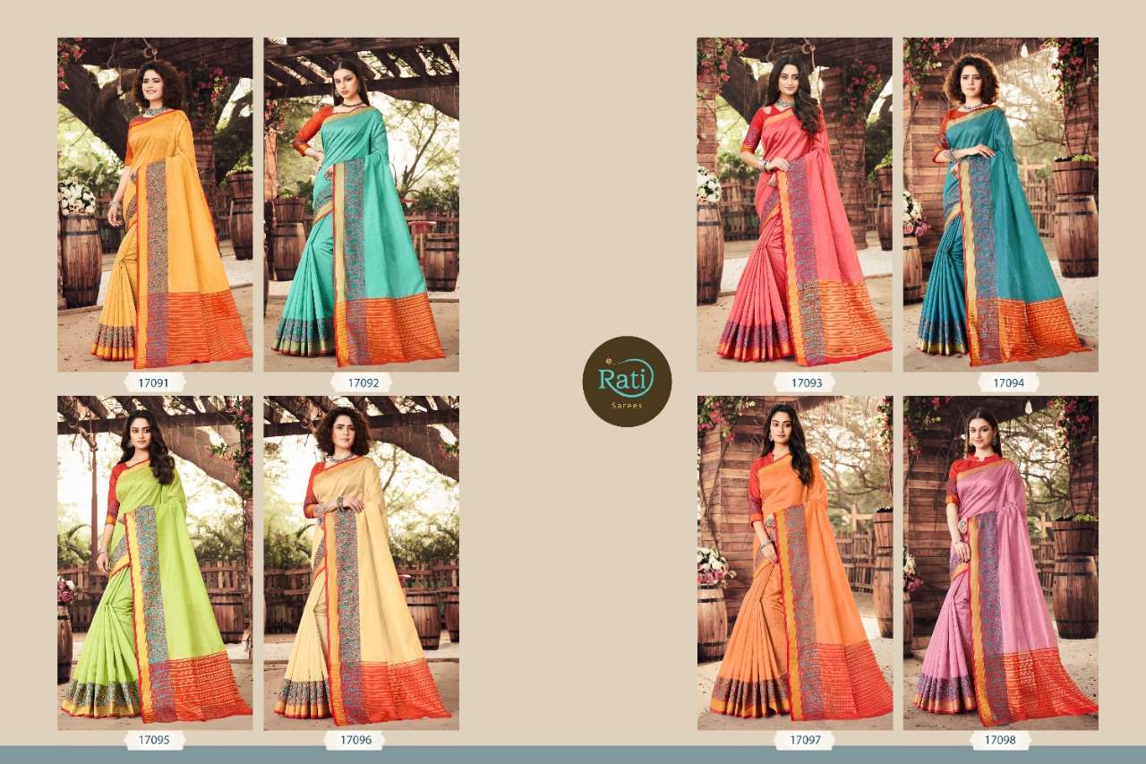 RAJ GHARANA BY RATI 17091 TO 17098 SERIES INDIAN TRADITIONAL WEAR COLLECTION BEAUTIFUL STYLISH FANCY COLORFUL PARTY WEAR & OCCASIONAL WEAR COTTON SILK SAREES AT WHOLESALE PRICE