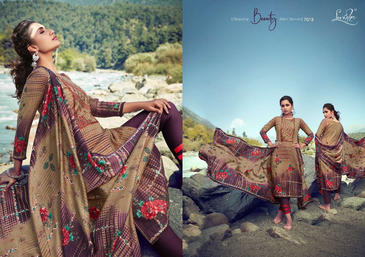 LINAYA BY LEVISHA 7013 TO 7020 SERIES BEAUTIFUL STYLISH FANCY COLORFUL CASUAL WEAR & ETHNIC WEAR PURE PASHMINA DIGITAL PRINT WITH EMBROIDERY DRESSES AT WHOLESALE PRICE