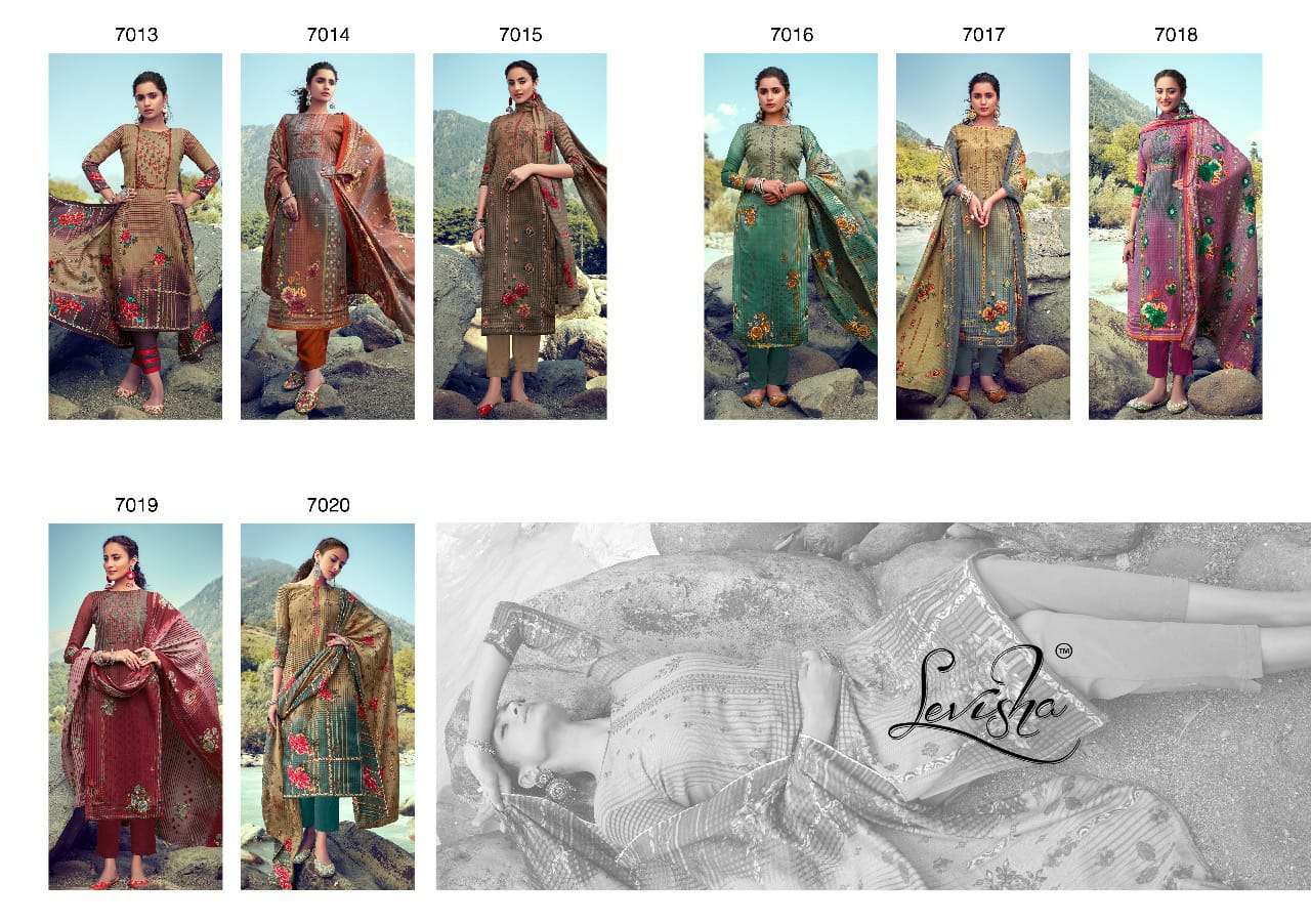 LINAYA BY LEVISHA 7013 TO 7020 SERIES BEAUTIFUL STYLISH FANCY COLORFUL CASUAL WEAR & ETHNIC WEAR PURE PASHMINA DIGITAL PRINT WITH EMBROIDERY DRESSES AT WHOLESALE PRICE