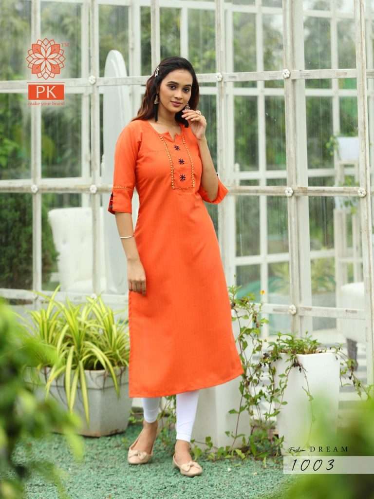 FASHION DREAM VOL-1 BY PK 1001 TO 1010 SERIES BEAUTIFUL STYLISH COLORFUL FANCY PARTY WEAR & ETHNIC WEAR & READY TO WEAR RAYON AND COTTON MANUAL WORKED KURTIS AT WHOLESALE PRICE