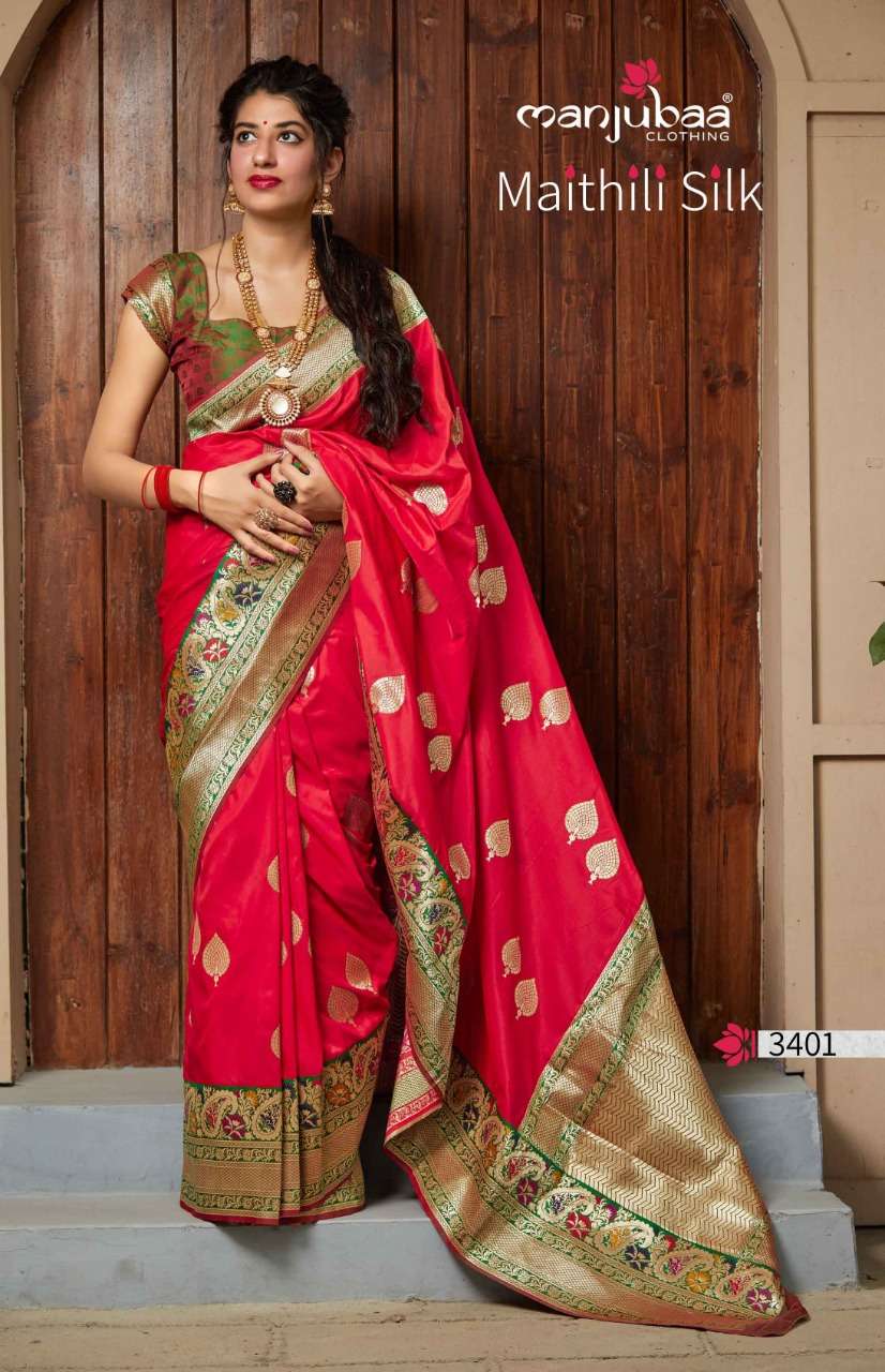 MAITHILI SILK BY MANJUBAA CLOTHING 3401 TO 3410 SERIES INDIAN TRADITIONAL WEAR COLLECTION BEAUTIFUL STYLISH FANCY COLORFUL PARTY WEAR & OCCASIONAL WEAR SILK SAREES AT WHOLESALE PRICE