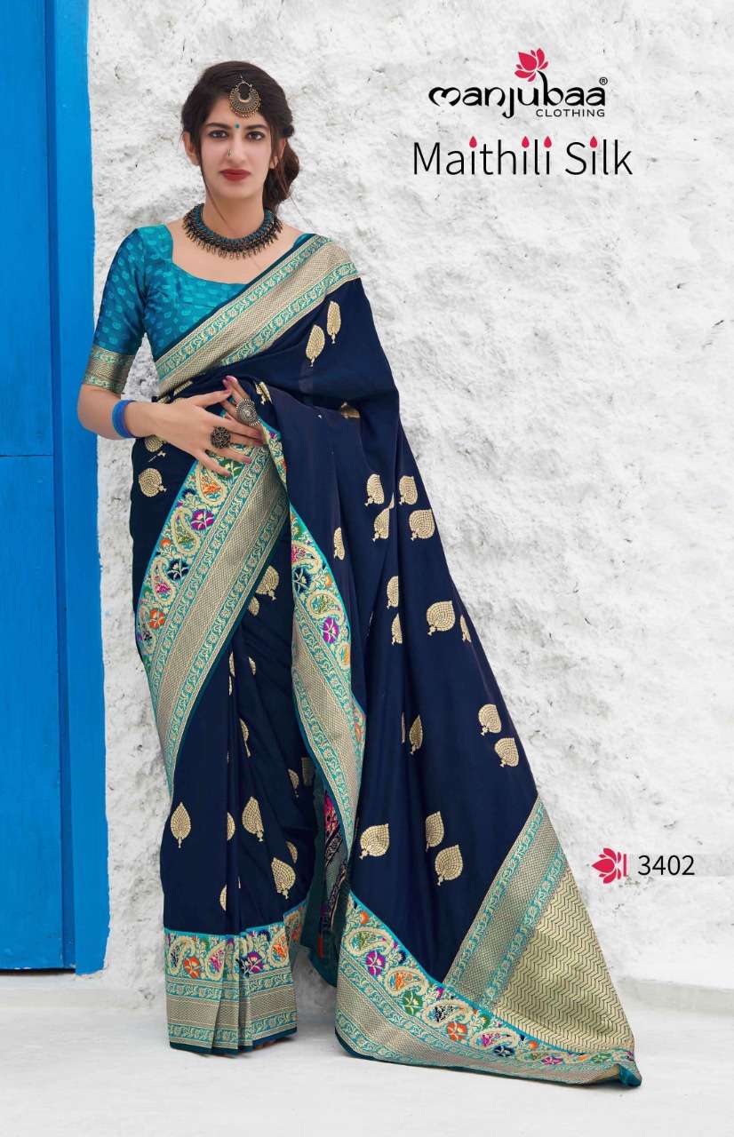 MAITHILI SILK BY MANJUBAA CLOTHING 3401 TO 3410 SERIES INDIAN TRADITIONAL WEAR COLLECTION BEAUTIFUL STYLISH FANCY COLORFUL PARTY WEAR & OCCASIONAL WEAR SILK SAREES AT WHOLESALE PRICE