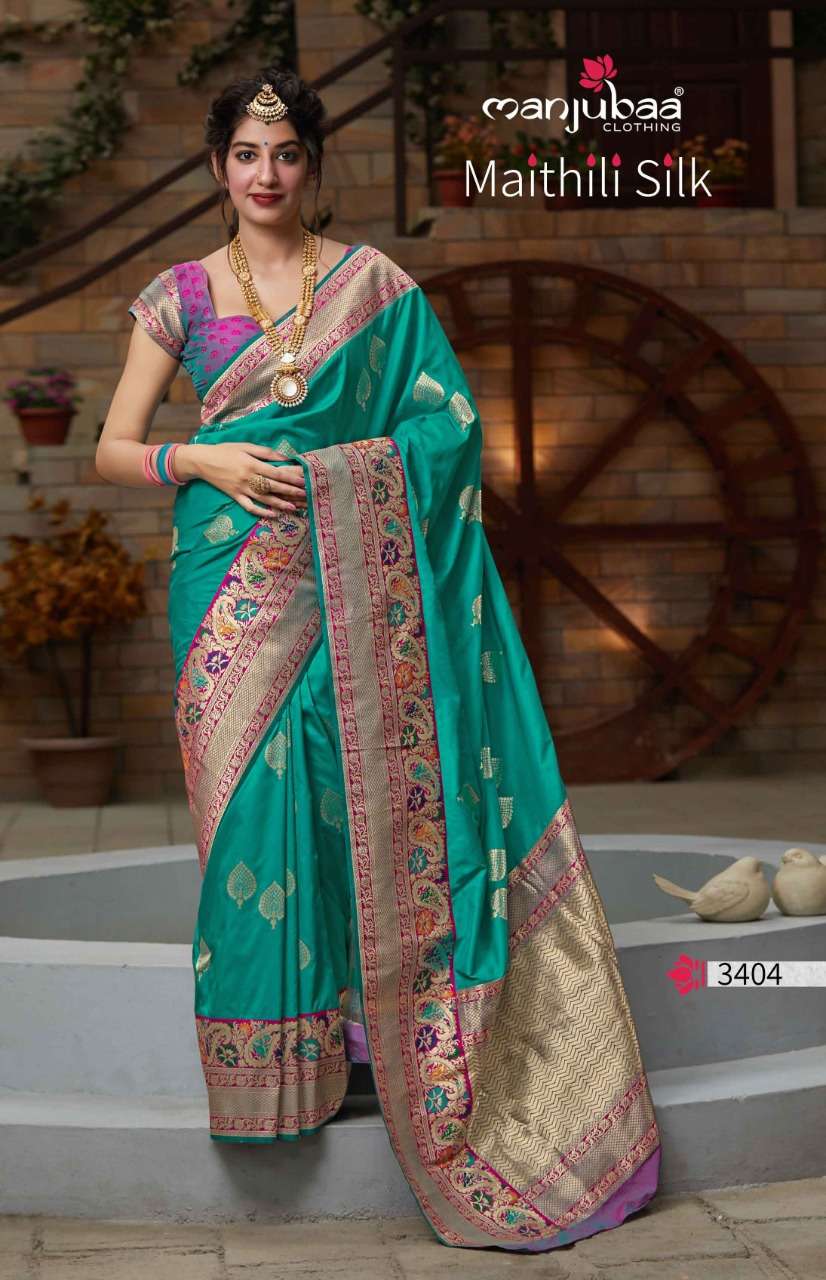 MAITHILI SILK BY MANJUBAA CLOTHING 3401 TO 3410 SERIES INDIAN TRADITIONAL WEAR COLLECTION BEAUTIFUL STYLISH FANCY COLORFUL PARTY WEAR & OCCASIONAL WEAR SILK SAREES AT WHOLESALE PRICE