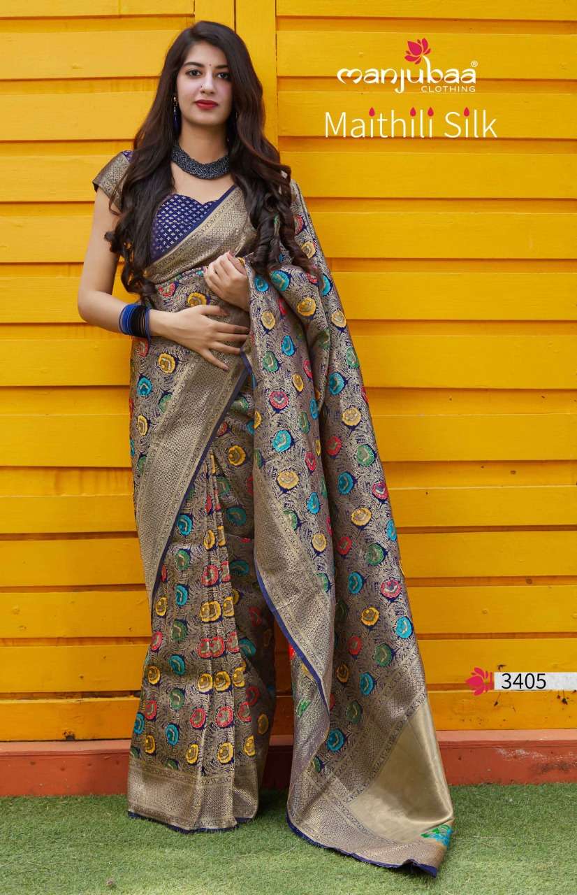 MAITHILI SILK BY MANJUBAA CLOTHING 3401 TO 3410 SERIES INDIAN TRADITIONAL WEAR COLLECTION BEAUTIFUL STYLISH FANCY COLORFUL PARTY WEAR & OCCASIONAL WEAR SILK SAREES AT WHOLESALE PRICE
