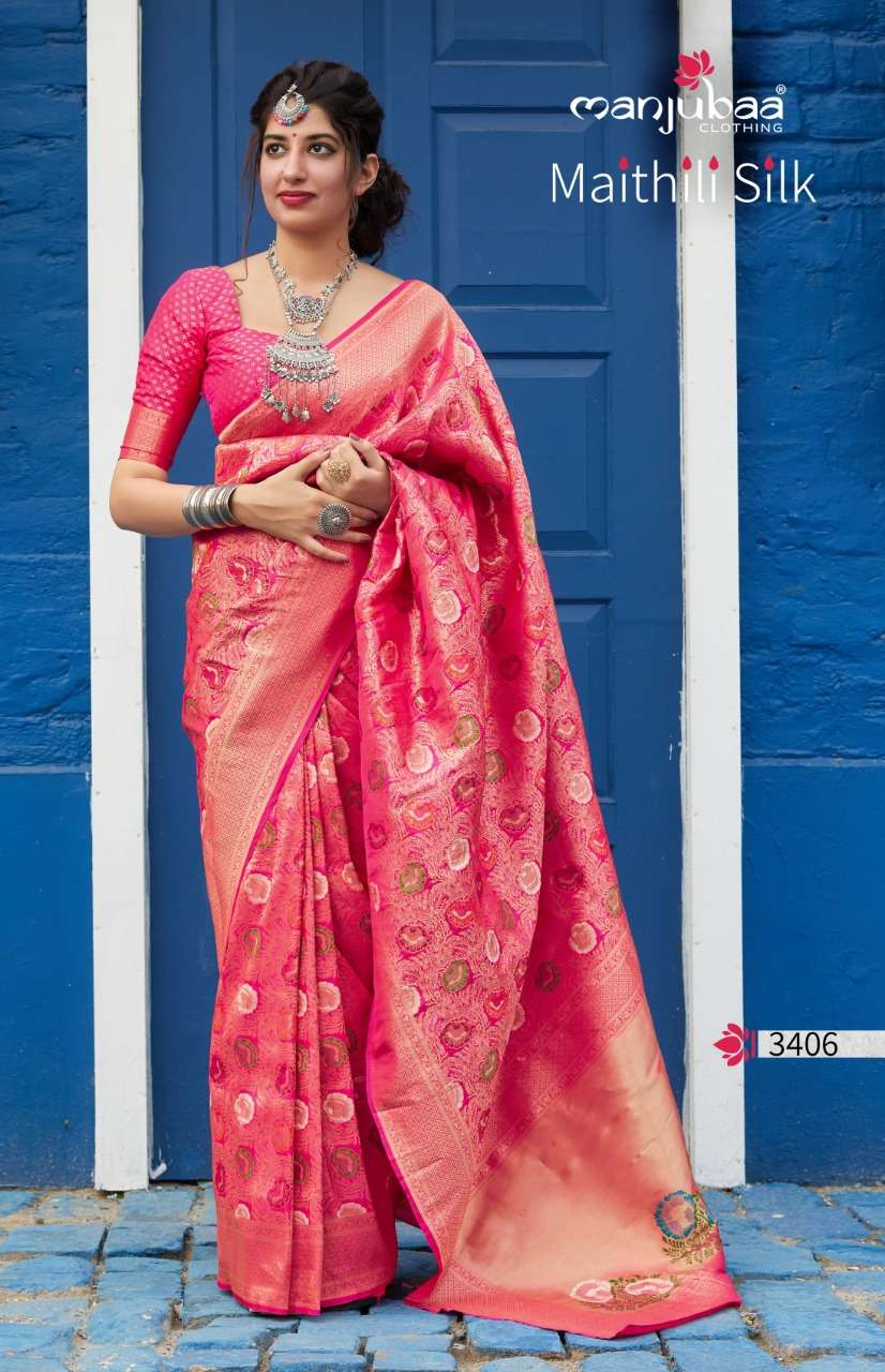 MAITHILI SILK BY MANJUBAA CLOTHING 3401 TO 3410 SERIES INDIAN TRADITIONAL WEAR COLLECTION BEAUTIFUL STYLISH FANCY COLORFUL PARTY WEAR & OCCASIONAL WEAR SILK SAREES AT WHOLESALE PRICE