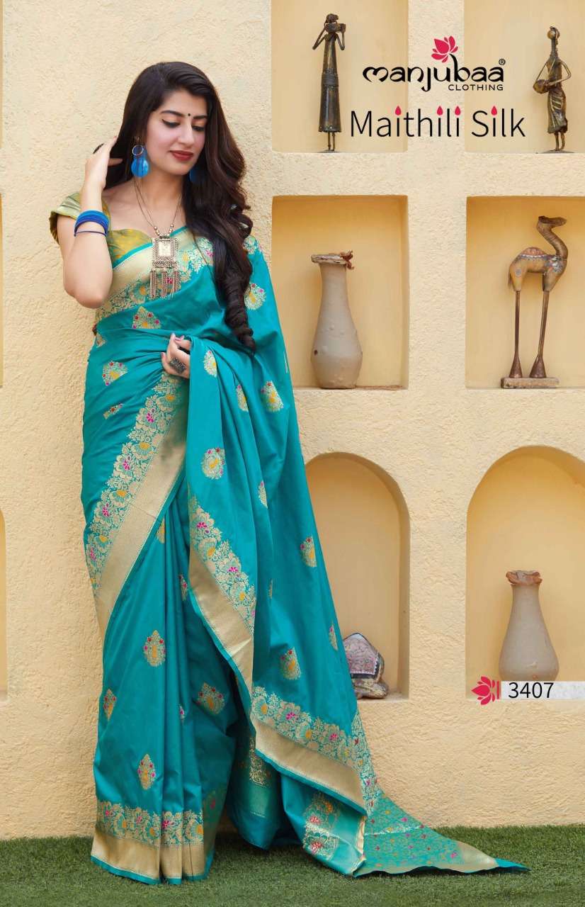 MAITHILI SILK BY MANJUBAA CLOTHING 3401 TO 3410 SERIES INDIAN TRADITIONAL WEAR COLLECTION BEAUTIFUL STYLISH FANCY COLORFUL PARTY WEAR & OCCASIONAL WEAR SILK SAREES AT WHOLESALE PRICE
