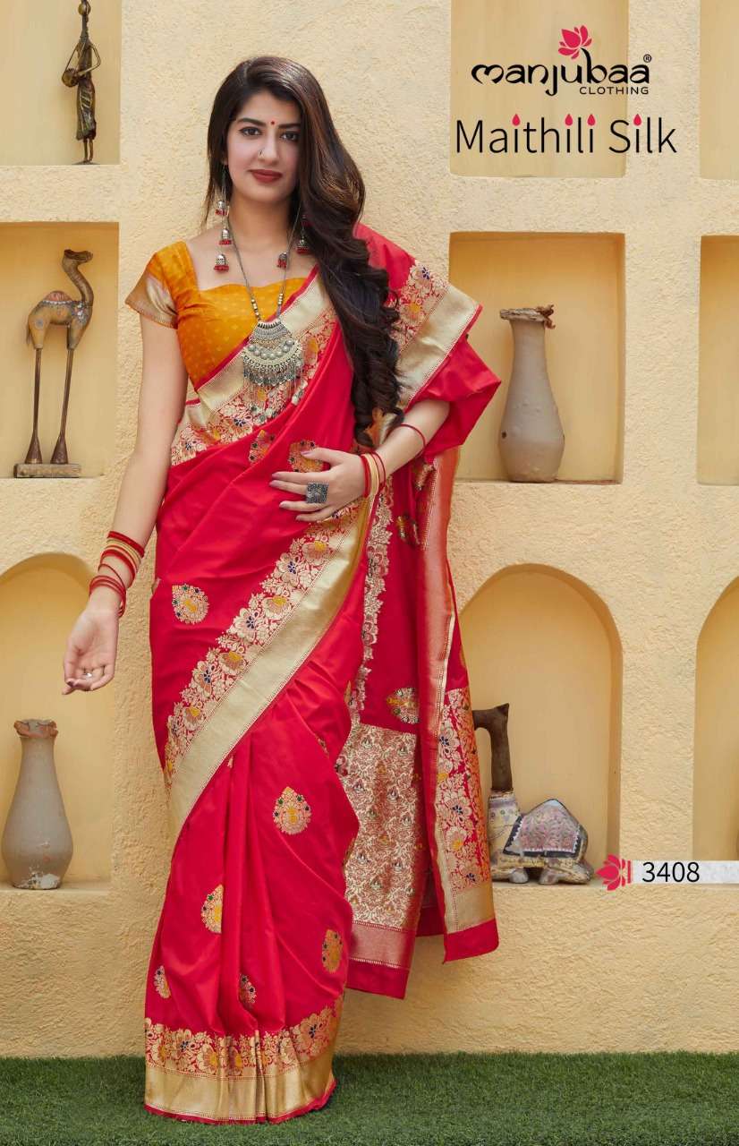 MAITHILI SILK BY MANJUBAA CLOTHING 3401 TO 3410 SERIES INDIAN TRADITIONAL WEAR COLLECTION BEAUTIFUL STYLISH FANCY COLORFUL PARTY WEAR & OCCASIONAL WEAR SILK SAREES AT WHOLESALE PRICE