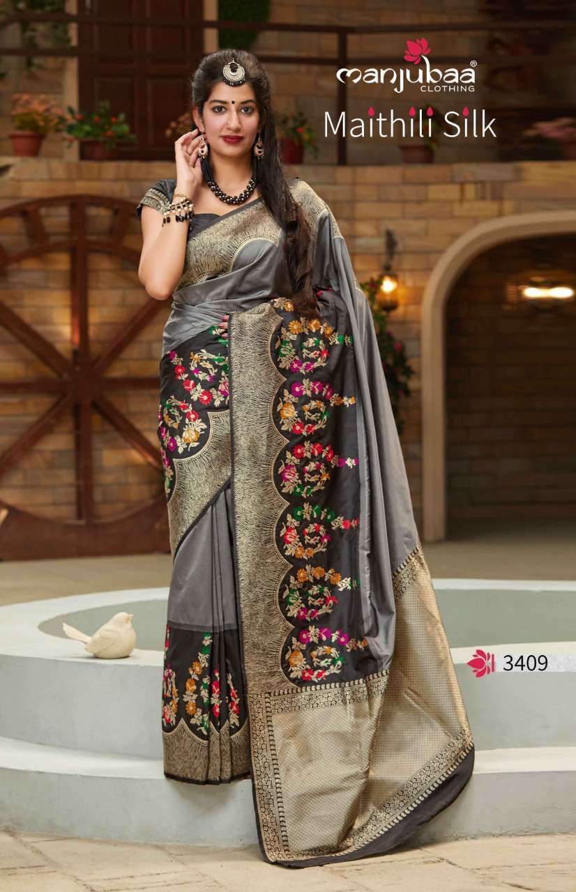 MAITHILI SILK BY MANJUBAA CLOTHING 3401 TO 3410 SERIES INDIAN TRADITIONAL WEAR COLLECTION BEAUTIFUL STYLISH FANCY COLORFUL PARTY WEAR & OCCASIONAL WEAR SILK SAREES AT WHOLESALE PRICE