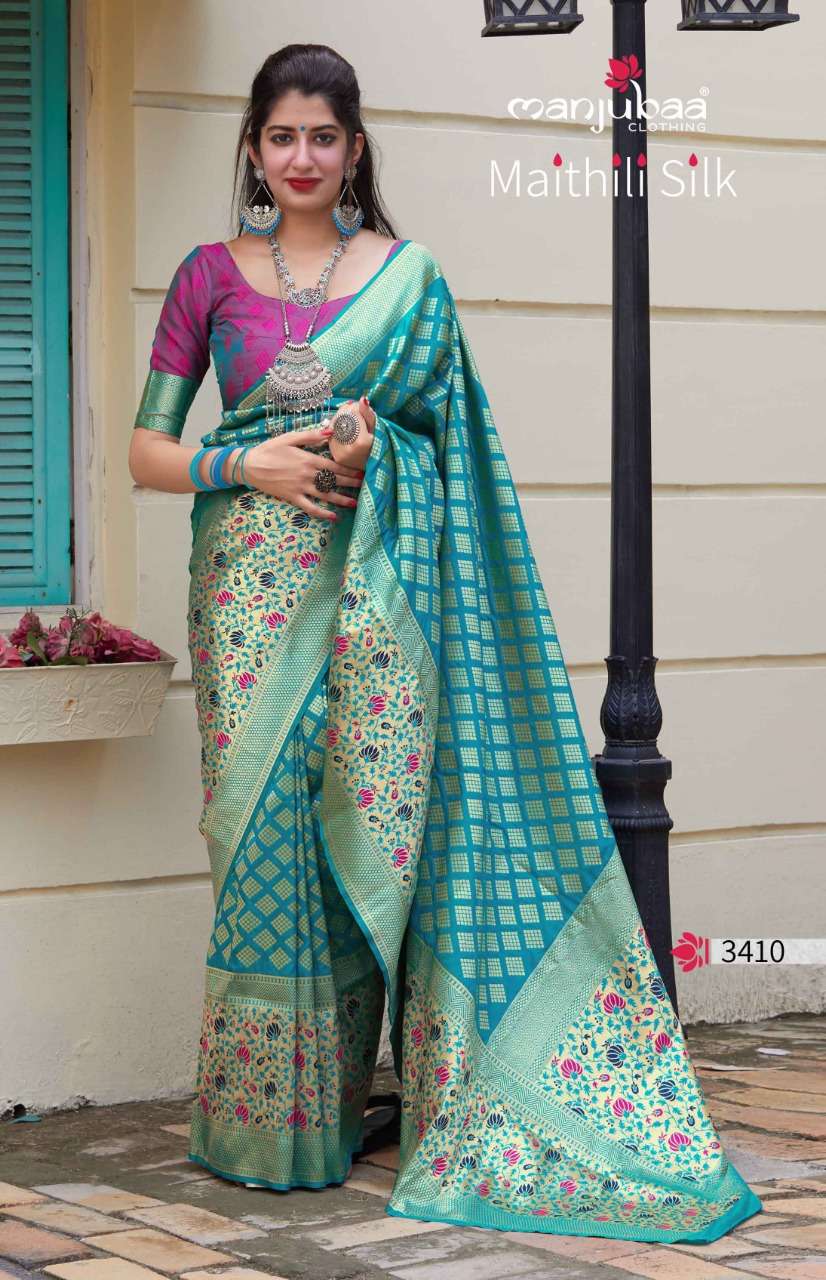 MAITHILI SILK BY MANJUBAA CLOTHING 3401 TO 3410 SERIES INDIAN TRADITIONAL WEAR COLLECTION BEAUTIFUL STYLISH FANCY COLORFUL PARTY WEAR & OCCASIONAL WEAR SILK SAREES AT WHOLESALE PRICE