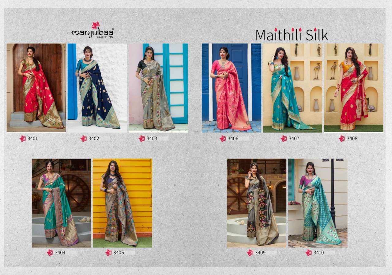 MAITHILI SILK BY MANJUBAA CLOTHING 3401 TO 3410 SERIES INDIAN TRADITIONAL WEAR COLLECTION BEAUTIFUL STYLISH FANCY COLORFUL PARTY WEAR & OCCASIONAL WEAR SILK SAREES AT WHOLESALE PRICE