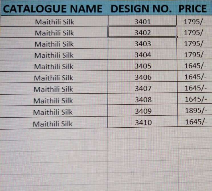 MAITHILI SILK BY MANJUBAA CLOTHING 3401 TO 3410 SERIES INDIAN TRADITIONAL WEAR COLLECTION BEAUTIFUL STYLISH FANCY COLORFUL PARTY WEAR & OCCASIONAL WEAR SILK SAREES AT WHOLESALE PRICE