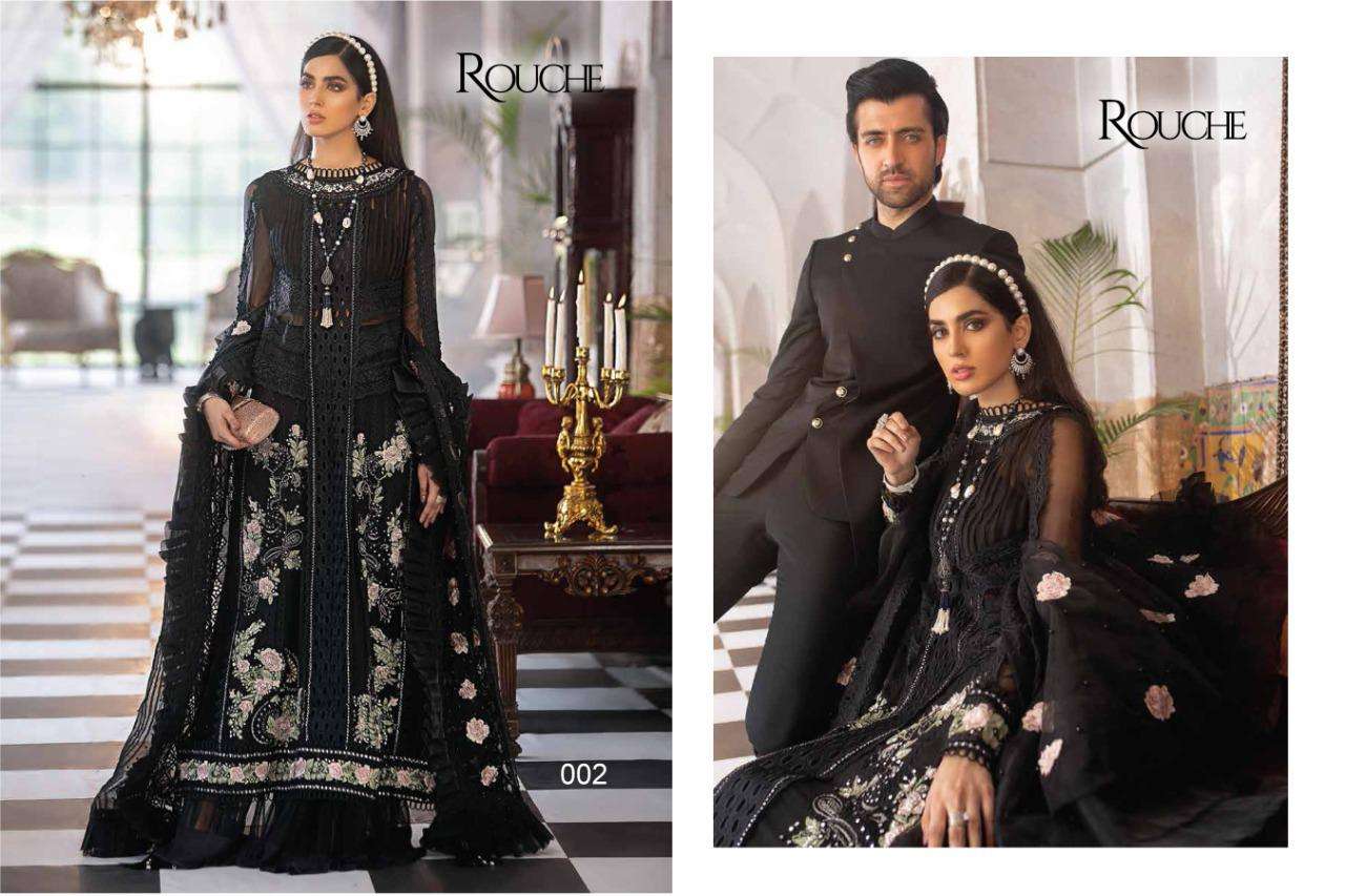 MUSHQ BY ROUCHE 001 TO 004 SERIES BEAUTIFUL STYLISH PAKISATNI SUITS FANCY COLORFUL CASUAL WEAR & ETHNIC WEAR & READY TO WEAR HEAVY FAUX GEORGETTE WITH EMBROIDERY DRESSES AT WHOLESALE PRICE