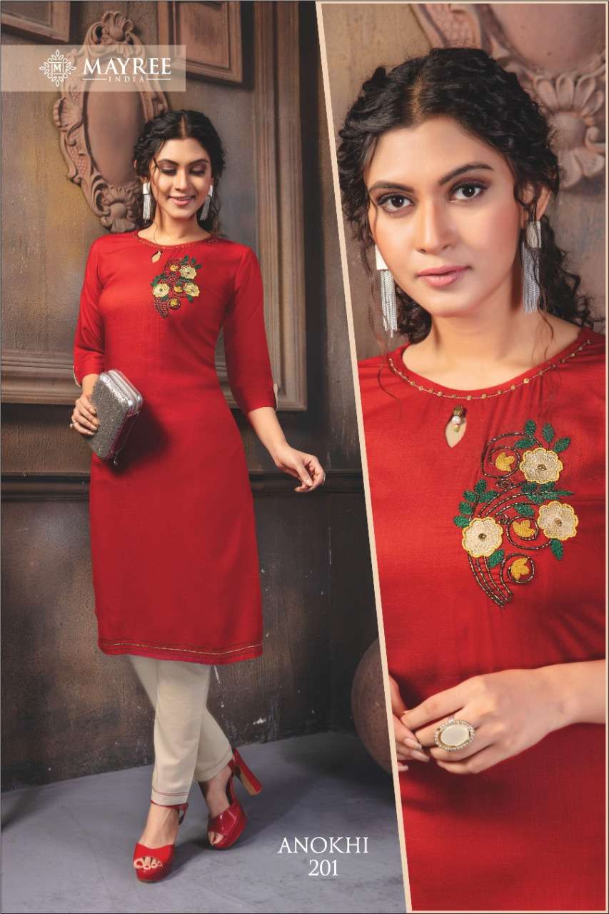 ANOKHI VOL-2 BY MAYREE 201 TO 210 SERIES STYLISH FANCY BEAUTIFUL COLORFUL CASUAL WEAR & ETHNIC WEAR RAYON SLUB EMBROIDERED KURTIS WITH BOTTOM AT WHOLESALE PRICE