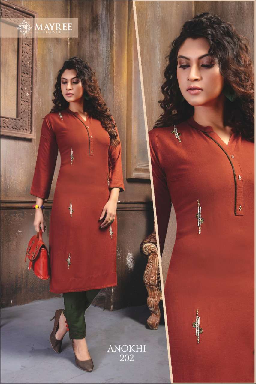 ANOKHI VOL-2 BY MAYREE 201 TO 210 SERIES STYLISH FANCY BEAUTIFUL COLORFUL CASUAL WEAR & ETHNIC WEAR RAYON SLUB EMBROIDERED KURTIS WITH BOTTOM AT WHOLESALE PRICE