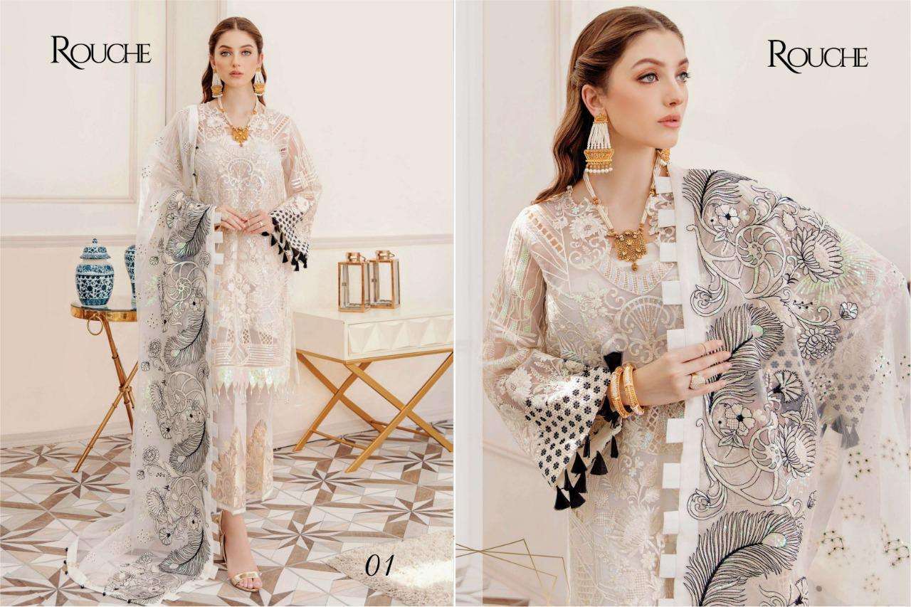AFROZEH BY ROUCHE 01 TO 04 SERIES BEAUTIFUL STYLISH PAKISATNI SUITS FANCY COLORFUL CASUAL WEAR & ETHNIC WEAR & READY TO WEAR HEAVY FAUX GEORGETTE/BUTTERFLY NET WITH EMBROIDERY DRESSES AT WHOLESALE PRICE