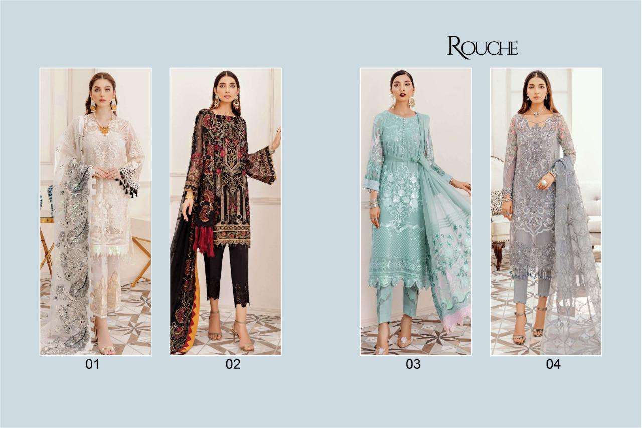 AFROZEH BY ROUCHE 01 TO 04 SERIES BEAUTIFUL STYLISH PAKISATNI SUITS FANCY COLORFUL CASUAL WEAR & ETHNIC WEAR & READY TO WEAR HEAVY FAUX GEORGETTE/BUTTERFLY NET WITH EMBROIDERY DRESSES AT WHOLESALE PRICE