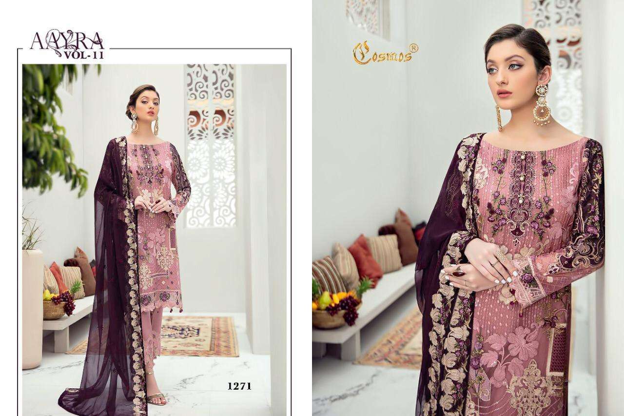 AAYRA VOL-11 BY COSMOS FASHION 1271 TO 1276 SERIES BEAUTIFUL SUITS STYLISH FANCY COLORFUL CASUAL WEAR & ETHNIC WEAR FAUX GEORGETTE WITH EMBROIDERY DRESSES AT WHOLESALE PRICE