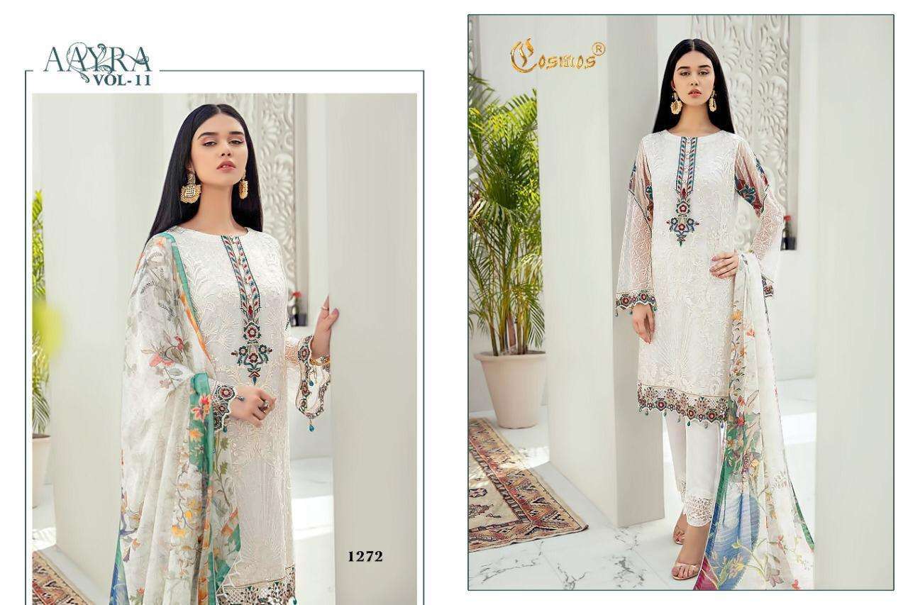 AAYRA VOL-11 BY COSMOS FASHION 1271 TO 1276 SERIES BEAUTIFUL SUITS STYLISH FANCY COLORFUL CASUAL WEAR & ETHNIC WEAR FAUX GEORGETTE WITH EMBROIDERY DRESSES AT WHOLESALE PRICE