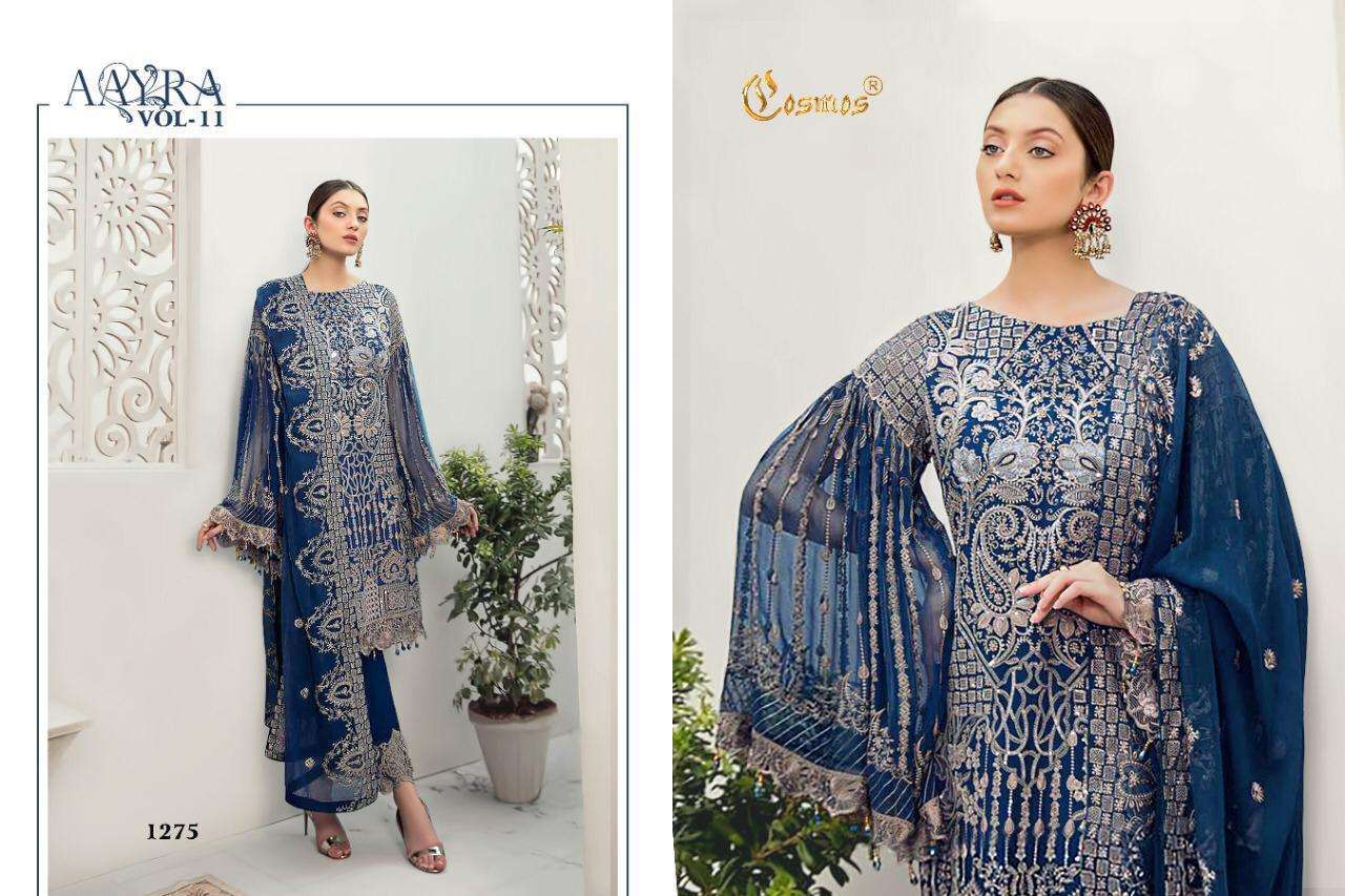 AAYRA VOL-11 BY COSMOS FASHION 1271 TO 1276 SERIES BEAUTIFUL SUITS STYLISH FANCY COLORFUL CASUAL WEAR & ETHNIC WEAR FAUX GEORGETTE WITH EMBROIDERY DRESSES AT WHOLESALE PRICE