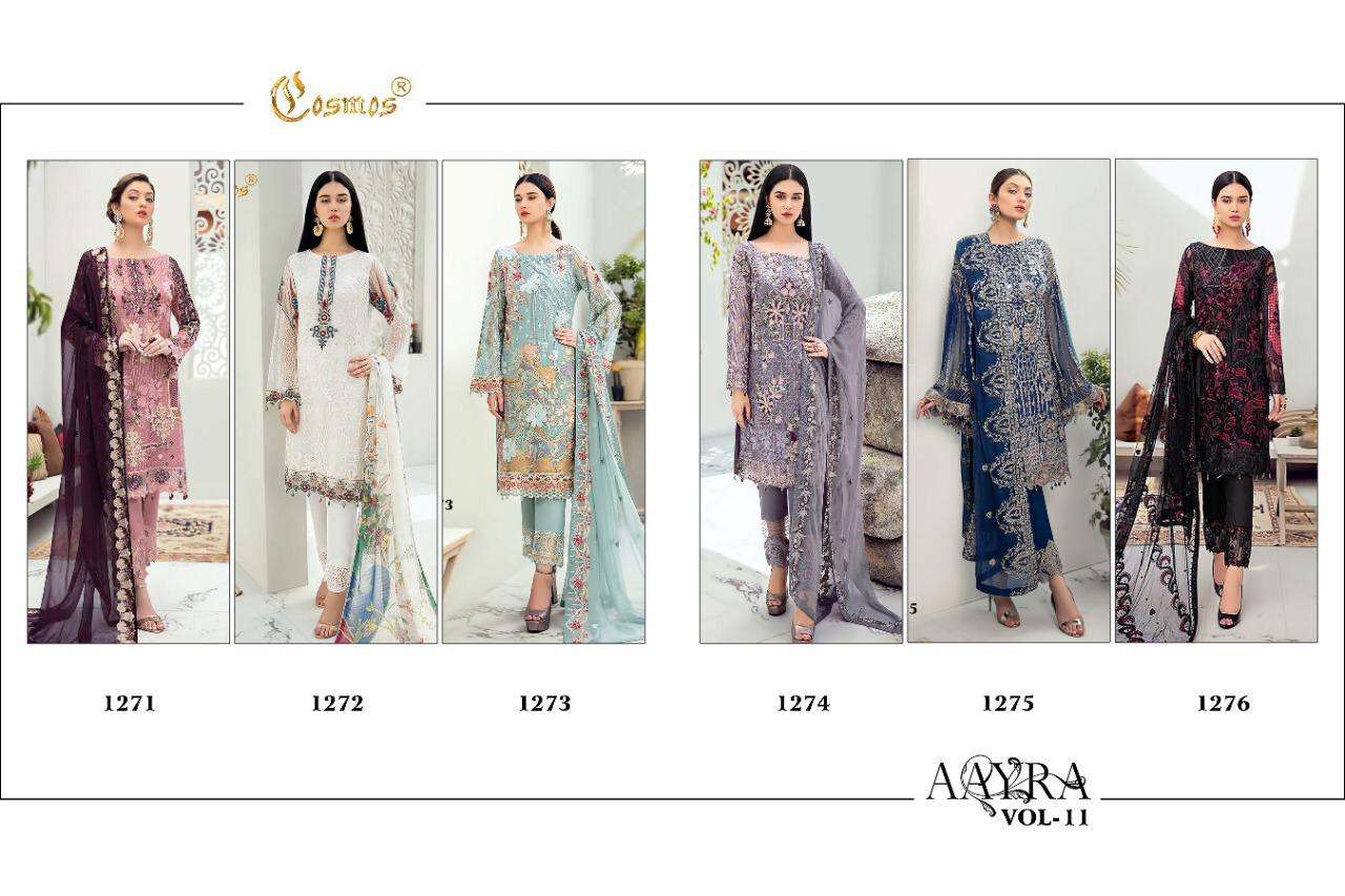 AAYRA VOL-11 BY COSMOS FASHION 1271 TO 1276 SERIES BEAUTIFUL SUITS STYLISH FANCY COLORFUL CASUAL WEAR & ETHNIC WEAR FAUX GEORGETTE WITH EMBROIDERY DRESSES AT WHOLESALE PRICE
