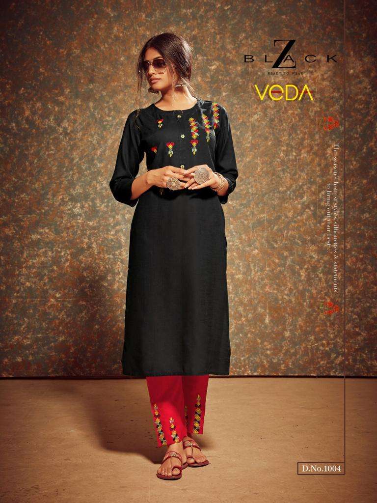 VEDA BY Z BLACK 1001 TO 1006 SERIES BEAUTIFUL STYLISH COLORFUL FANCY PARTY WEAR & ETHNIC WEAR & READY TO WEAR RAYON SLUB WITH EMBROIDERY KURTIS AT WHOLESALE PRICE
