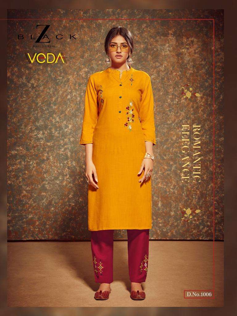 VEDA BY Z BLACK 1001 TO 1006 SERIES BEAUTIFUL STYLISH COLORFUL FANCY PARTY WEAR & ETHNIC WEAR & READY TO WEAR RAYON SLUB WITH EMBROIDERY KURTIS AT WHOLESALE PRICE
