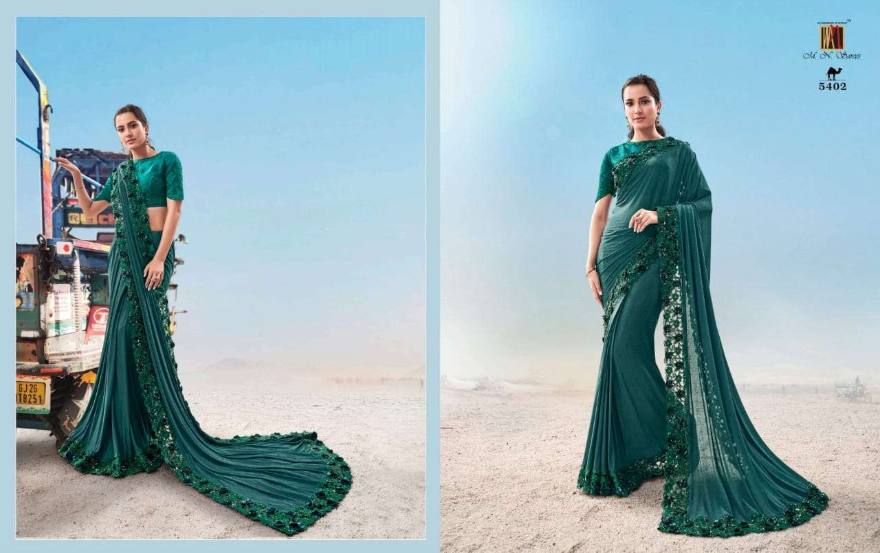 SWAROVSKI VOL-2 BY M N SAREES 5401 TO 5410 SERIES INDIAN TRADITIONAL WEAR COLLECTION BEAUTIFUL STYLISH FANCY COLORFUL PARTY WEAR & OCCASIONAL WEAR PURE SATIN/GEORGETTE SAREES AT WHOLESALE PRICE