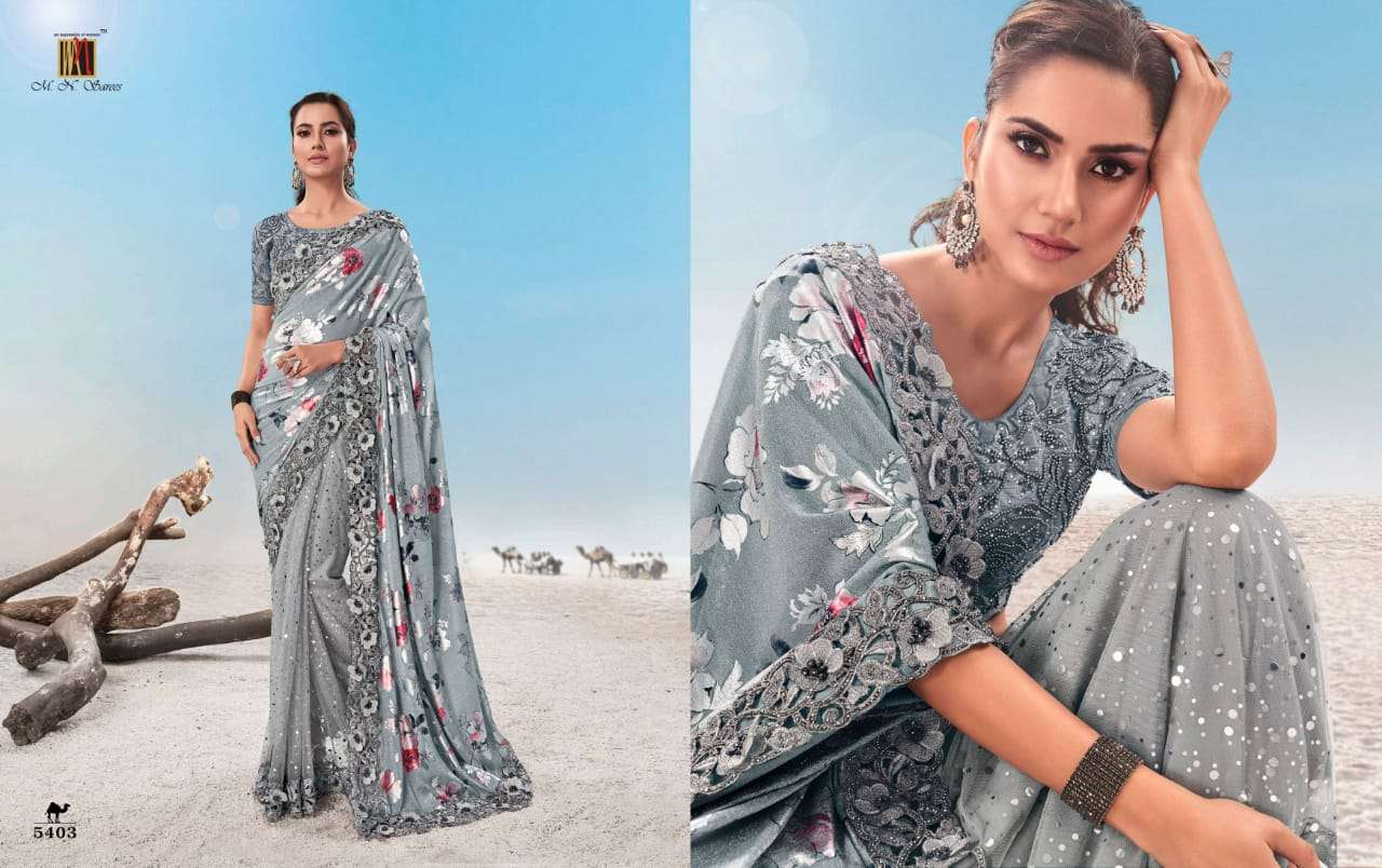 SWAROVSKI VOL-2 BY M N SAREES 5401 TO 5410 SERIES INDIAN TRADITIONAL WEAR COLLECTION BEAUTIFUL STYLISH FANCY COLORFUL PARTY WEAR & OCCASIONAL WEAR PURE SATIN/GEORGETTE SAREES AT WHOLESALE PRICE